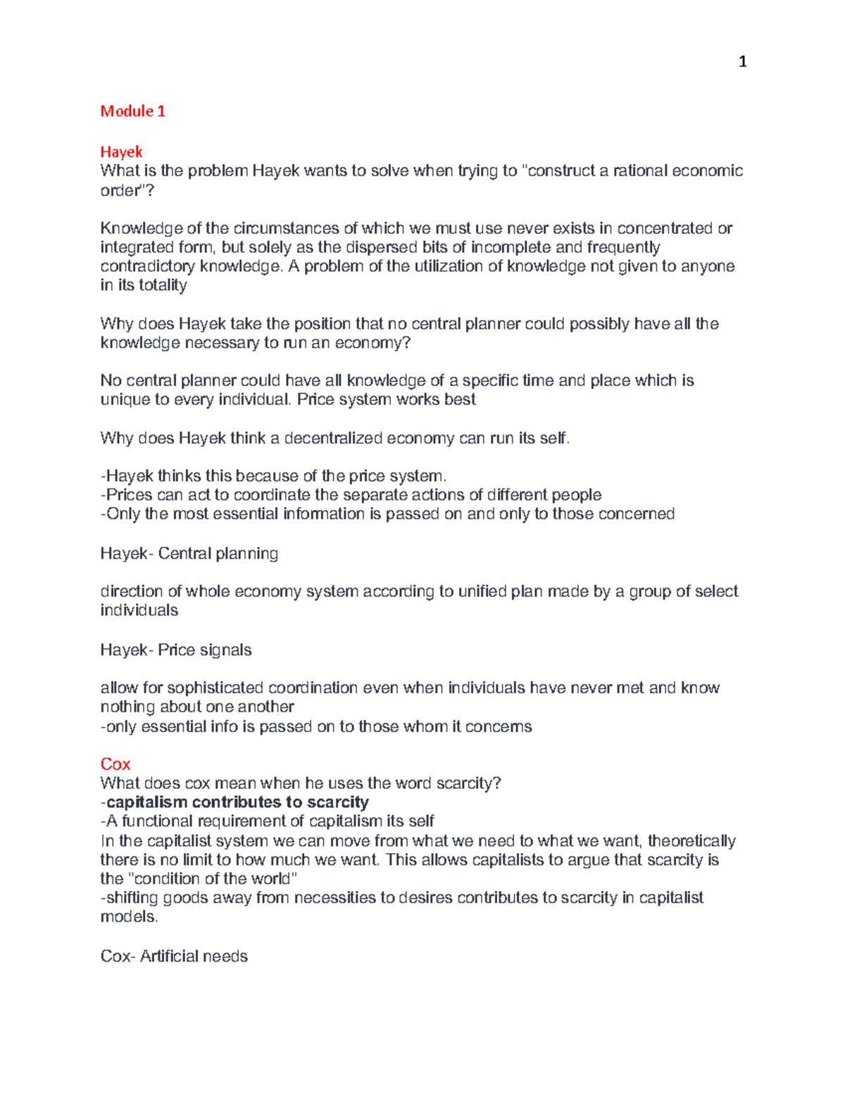 World of Business 1015Midterm Notes PDF - Module 1 Hayek What is the ...