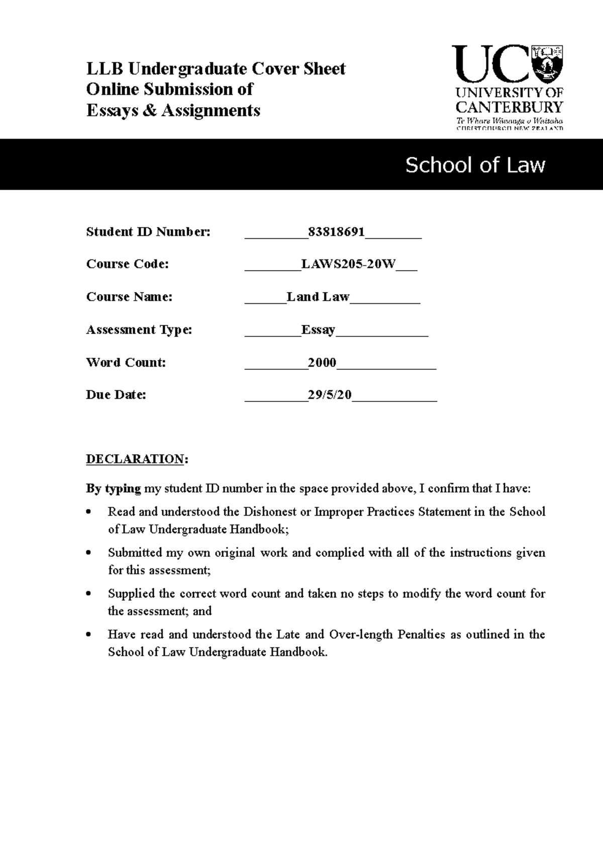 Land Law Essay B+ LLB Undergraduate Cover Sheet Online Submission of Essays & Assignments