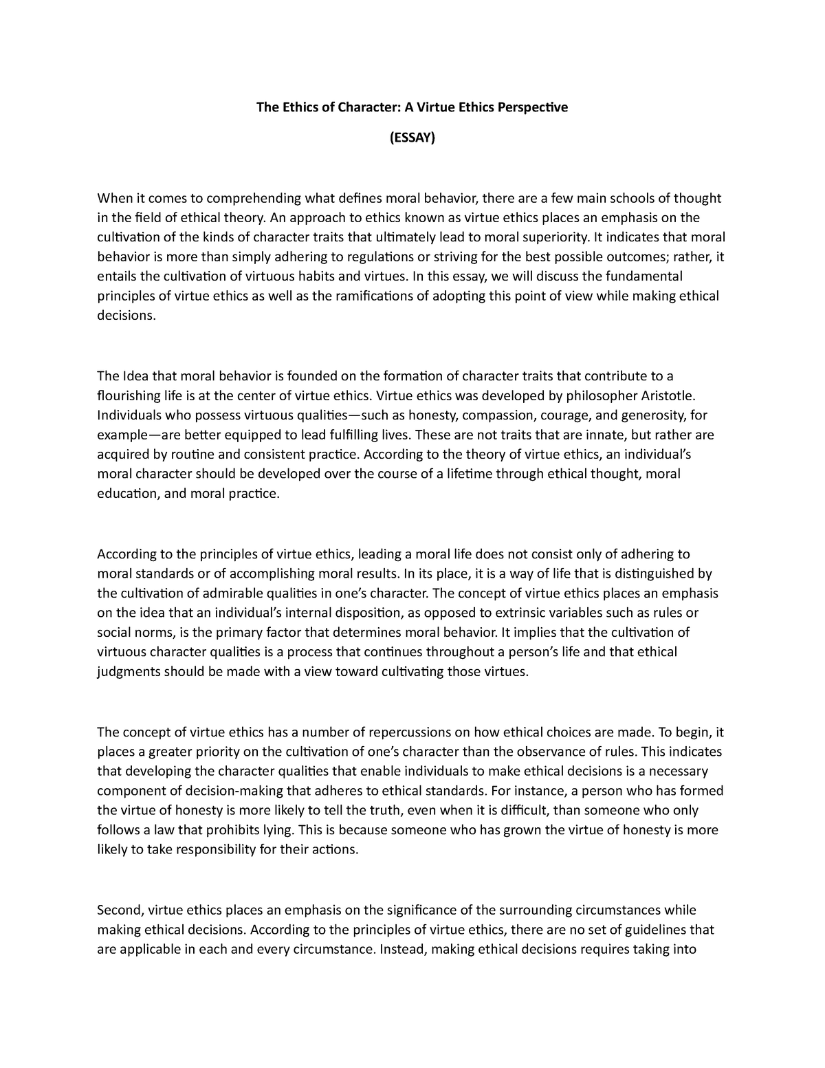 virtue ethics perspective essay