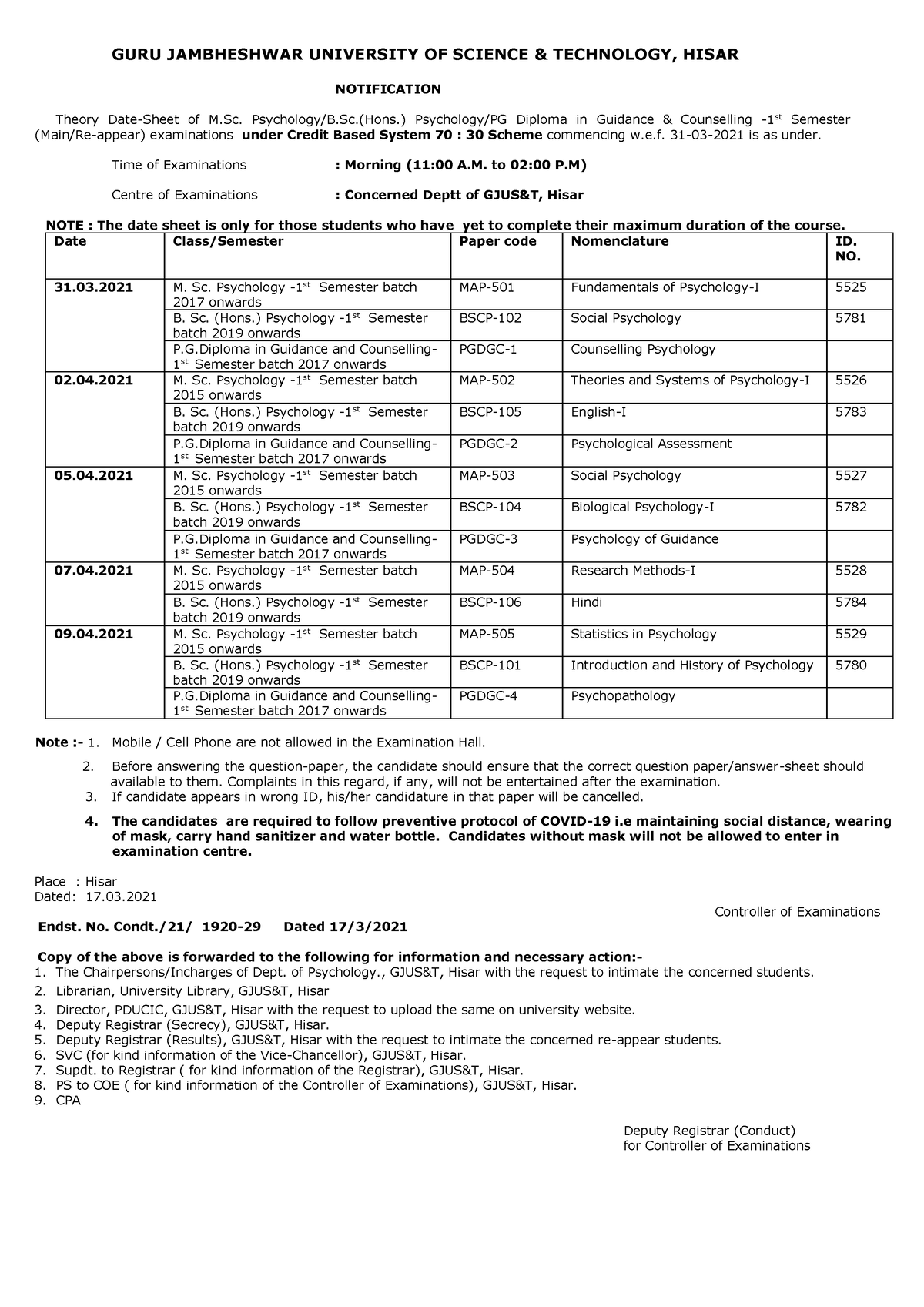 Date-Sheet of M.Sc. Psychology B.Sc.(Hons.) Psychology PG Diploma in ...