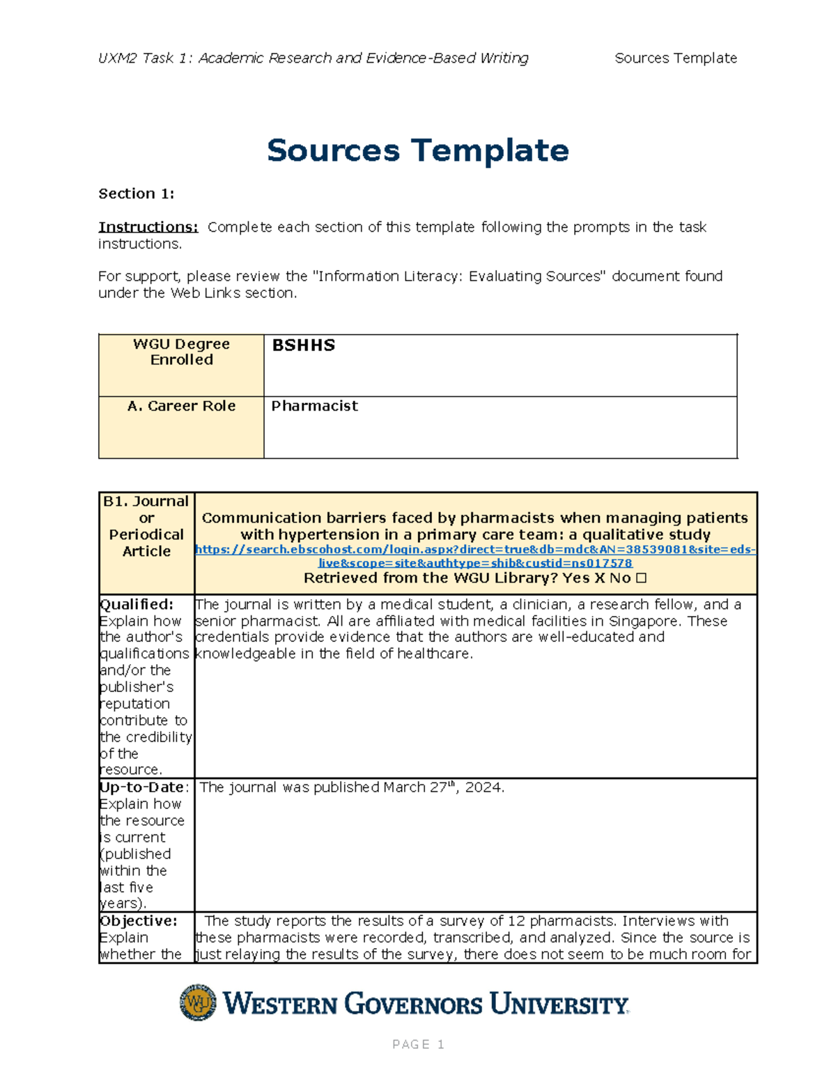 D389 Performance Assessment One Passed 2024 - Sources Template Section ...