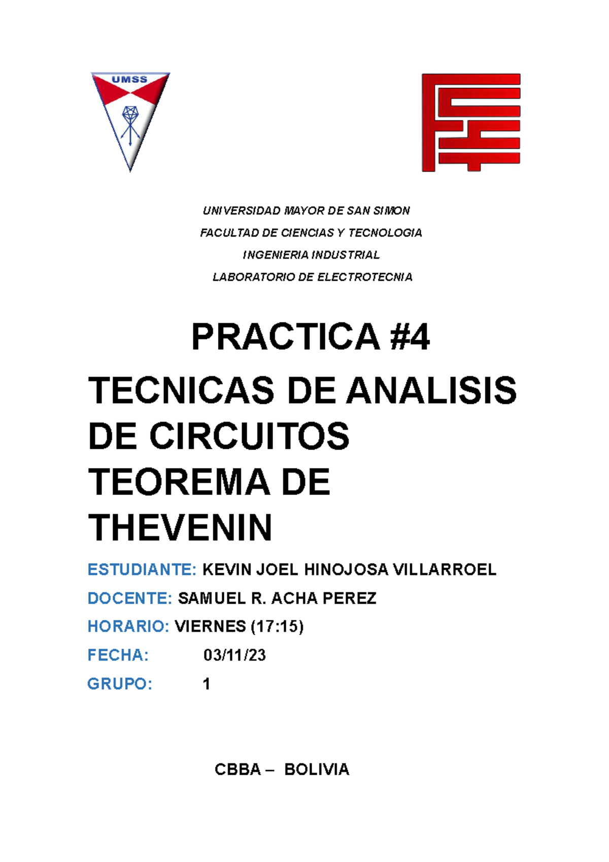 Practica Electrotecnia Universidad Mayor De San Simon Facultad De Ciencias Y Tecnologia