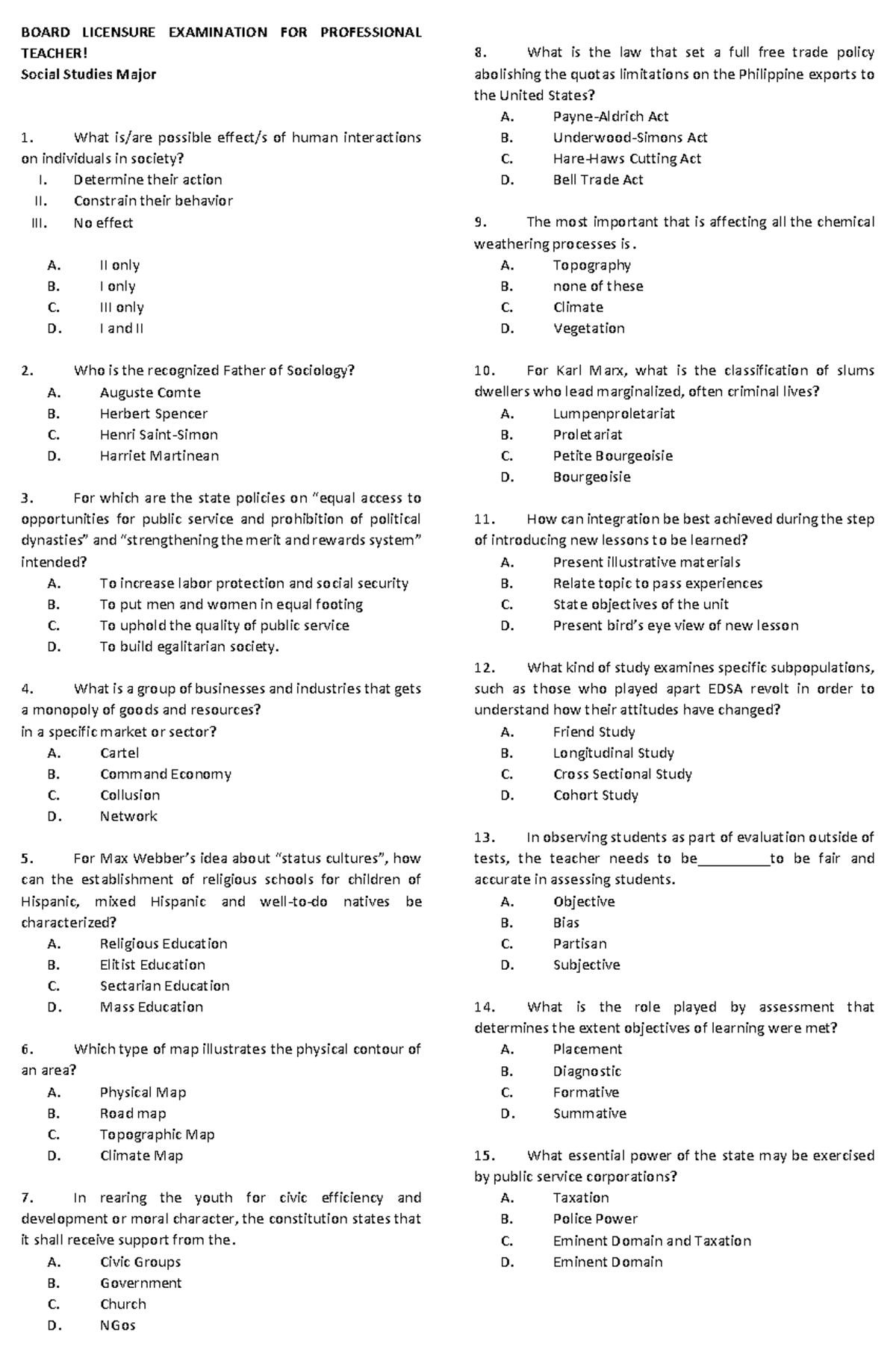 Social Studies 150 items - BOARD LICENSURE EXAMINATION FOR PROFESSIONAL ...