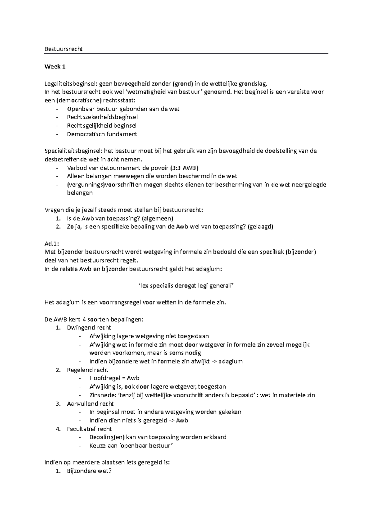 Bestuursrecht Samenvatting - Bestuursrecht Week 1 Legaliteitsbeginsel ...