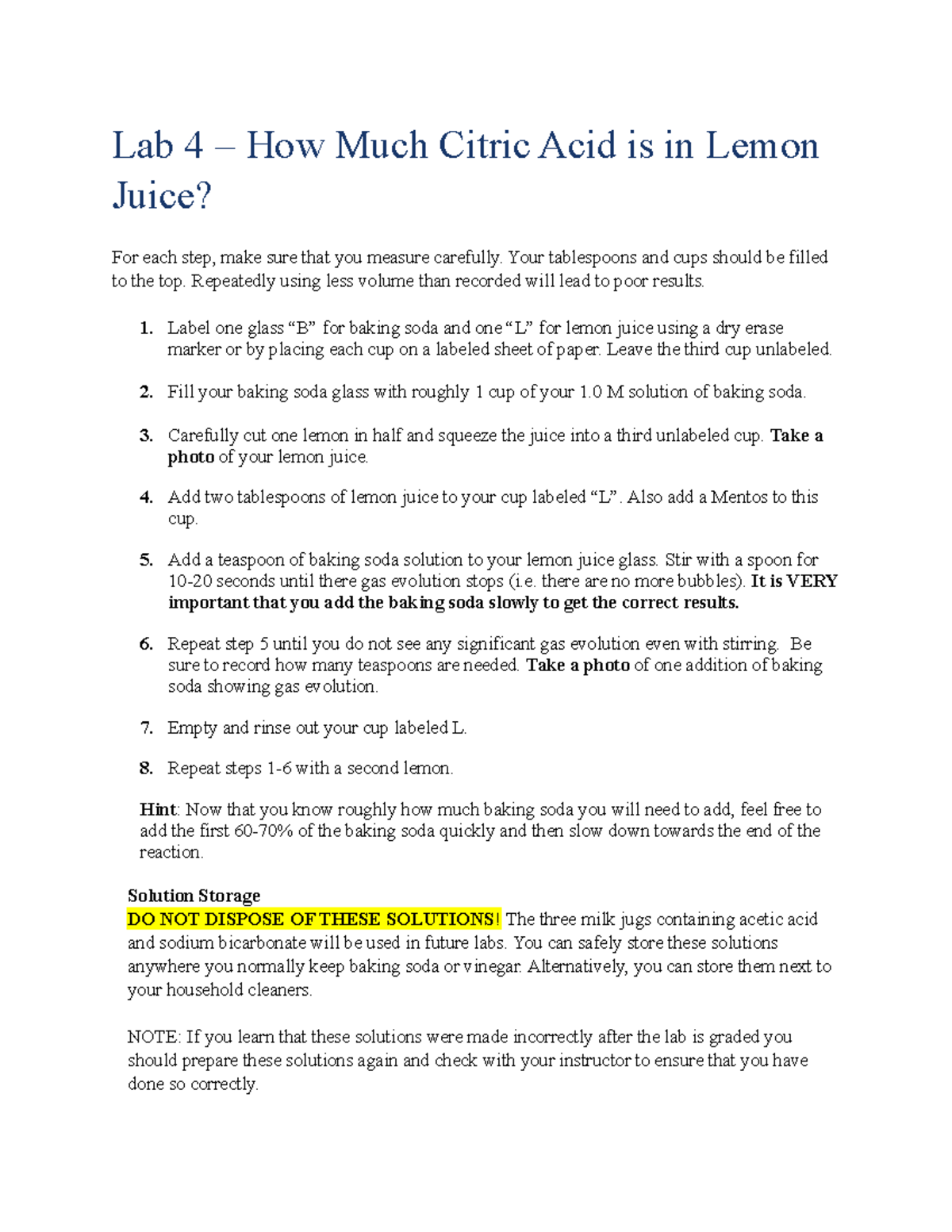 Lab 4 - How Much Citric Acid Is In Lemon Juice (student Quiz) - Lab 4 ...