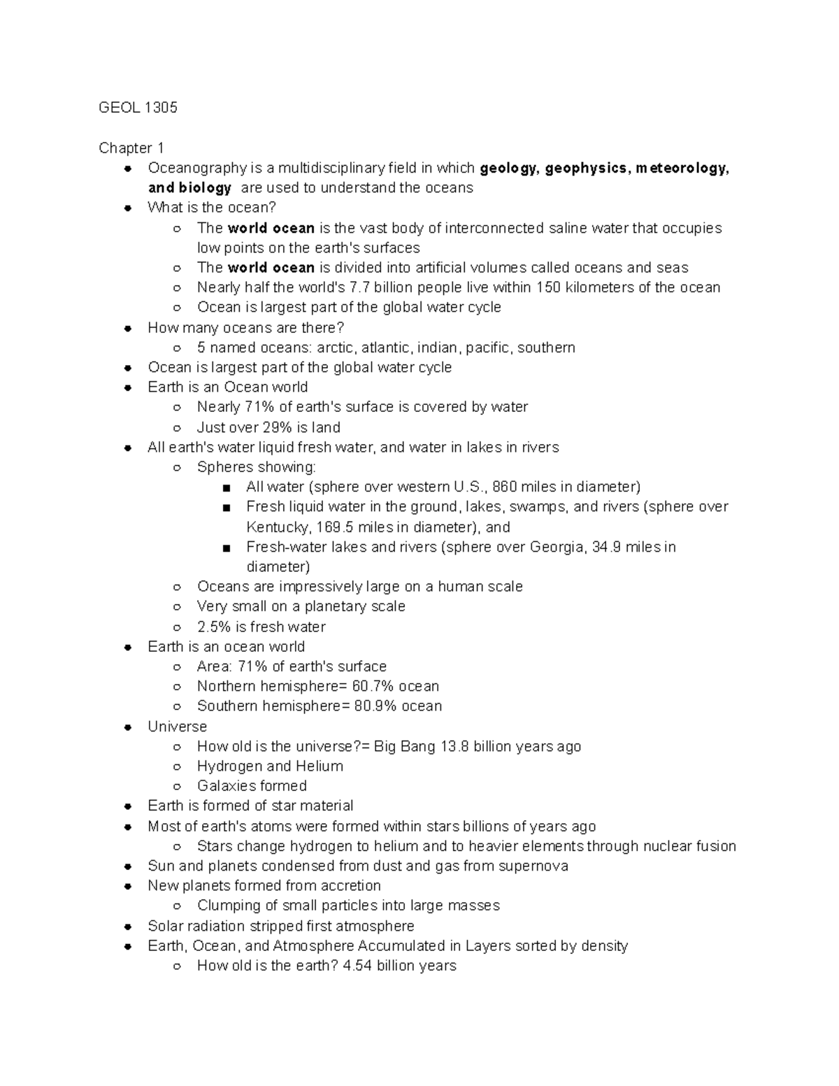 Oceanography Exam 1 - GEOL 1305 Chapter 1 Oceanography Is A ...