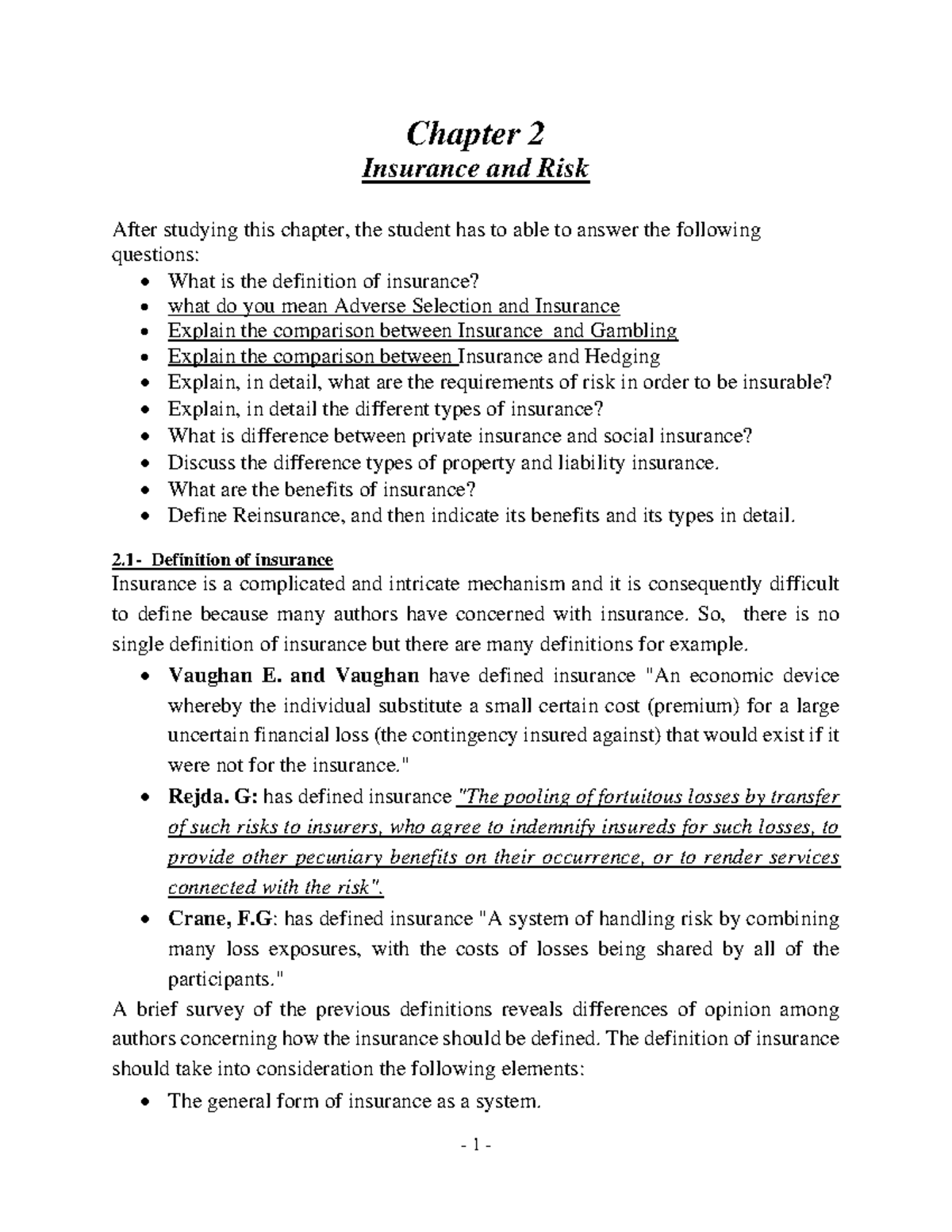 Chapter 2 insurance and risk pdf - Chapter 2 Insurance and Risk After ...