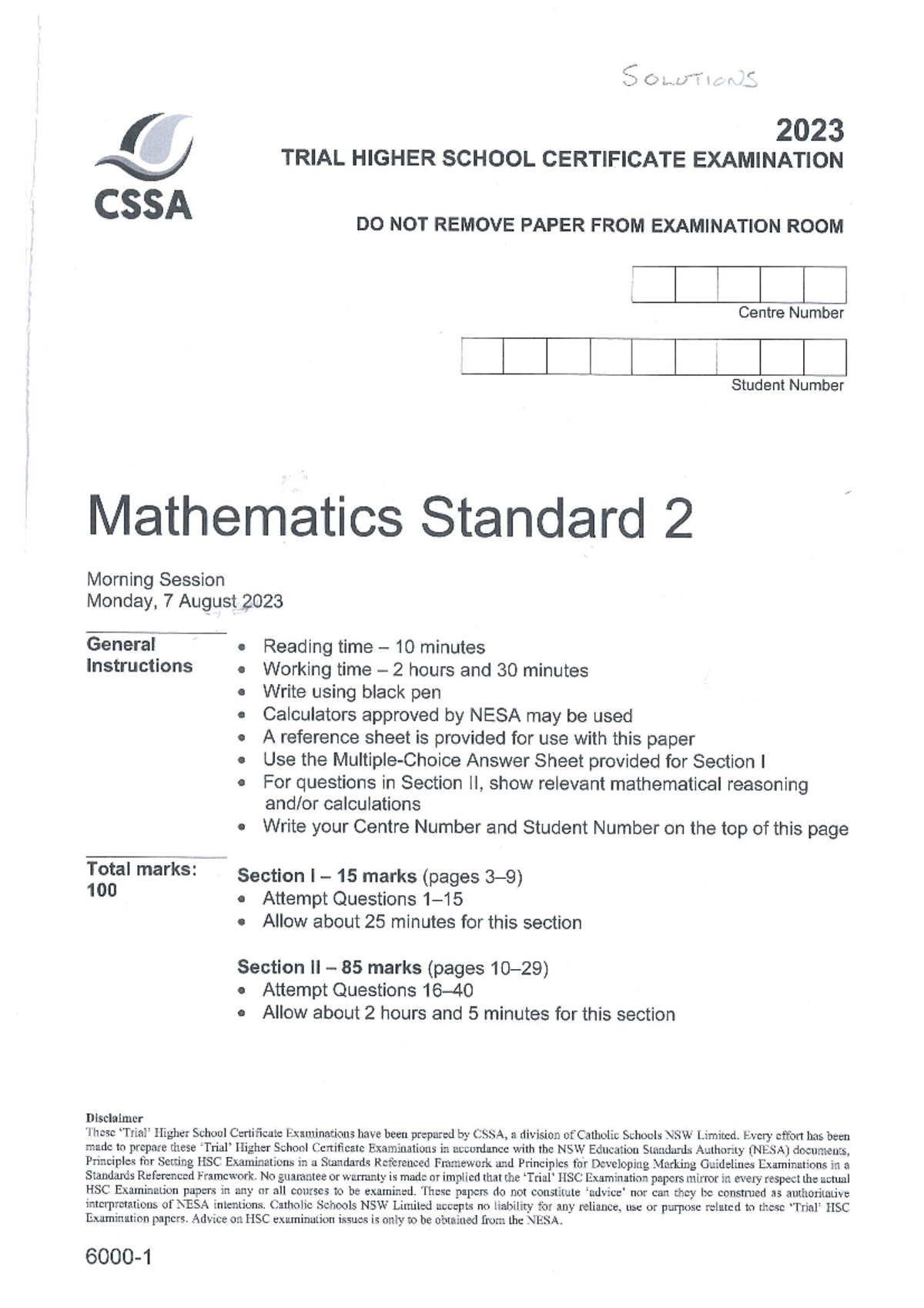 CSSA Std Maths Trial Solutions 2023 (Q25-40) - Studocu