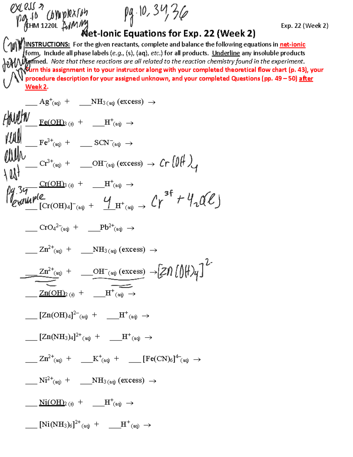 Cation Mixture Equations - CHM 1220L Exp. 22 (Week 2) INSTRUCTIONS: For ...