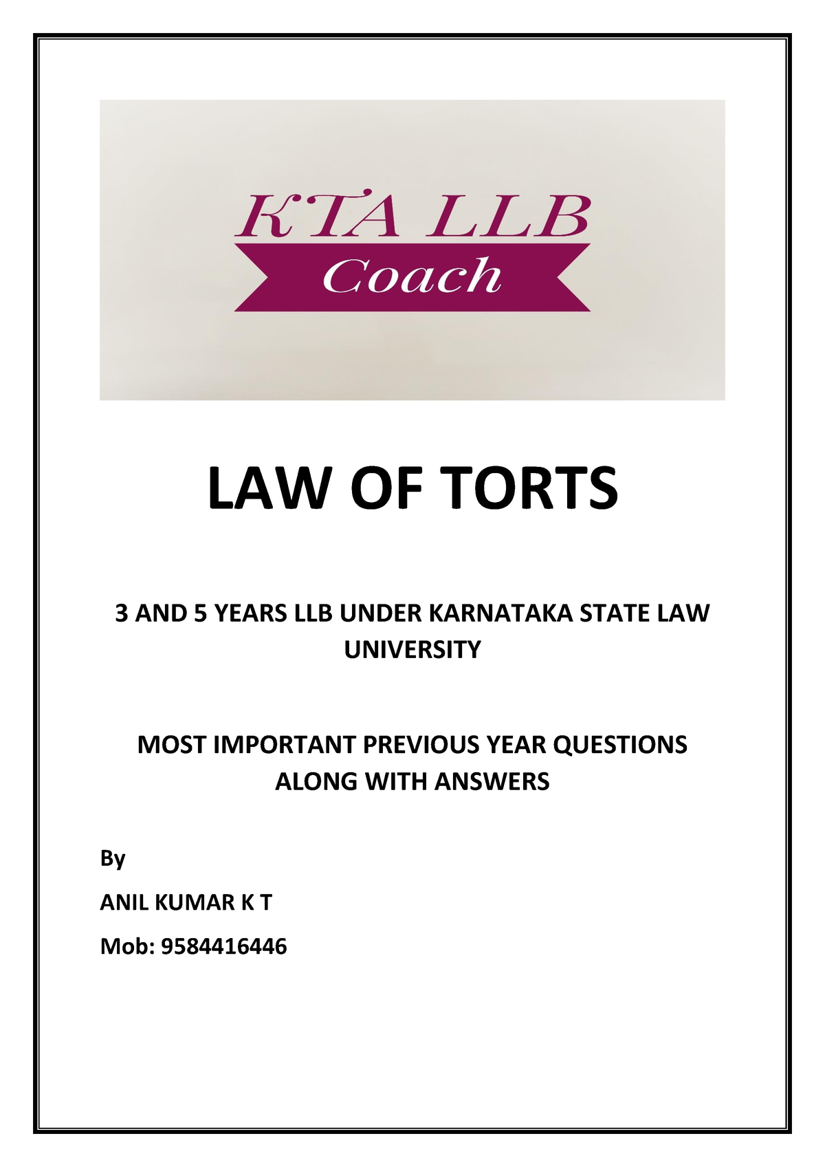 Law Of Torts KSLU Notes Grand Final - LAW OF TORTS 3 AND 5 YEARS LLB ...