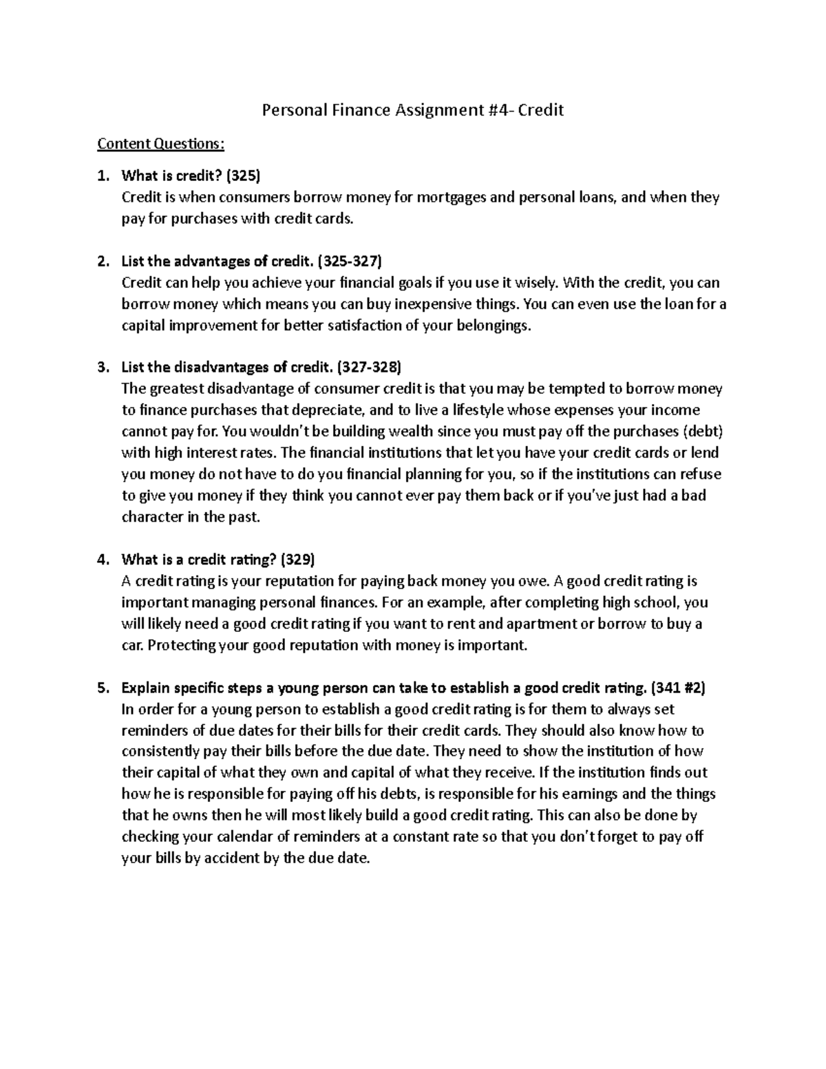 personal finance assignment high school