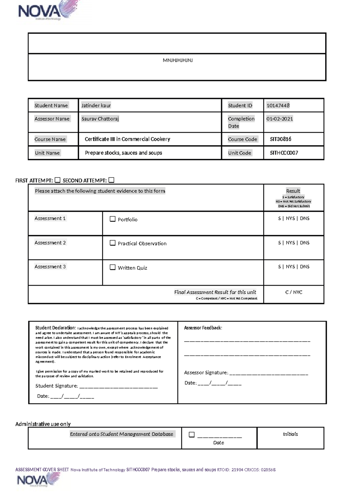 Sithccc 007 Student Pack - ASSESSMENT COVER SHEET MNJHJHJHJNJ Student ...