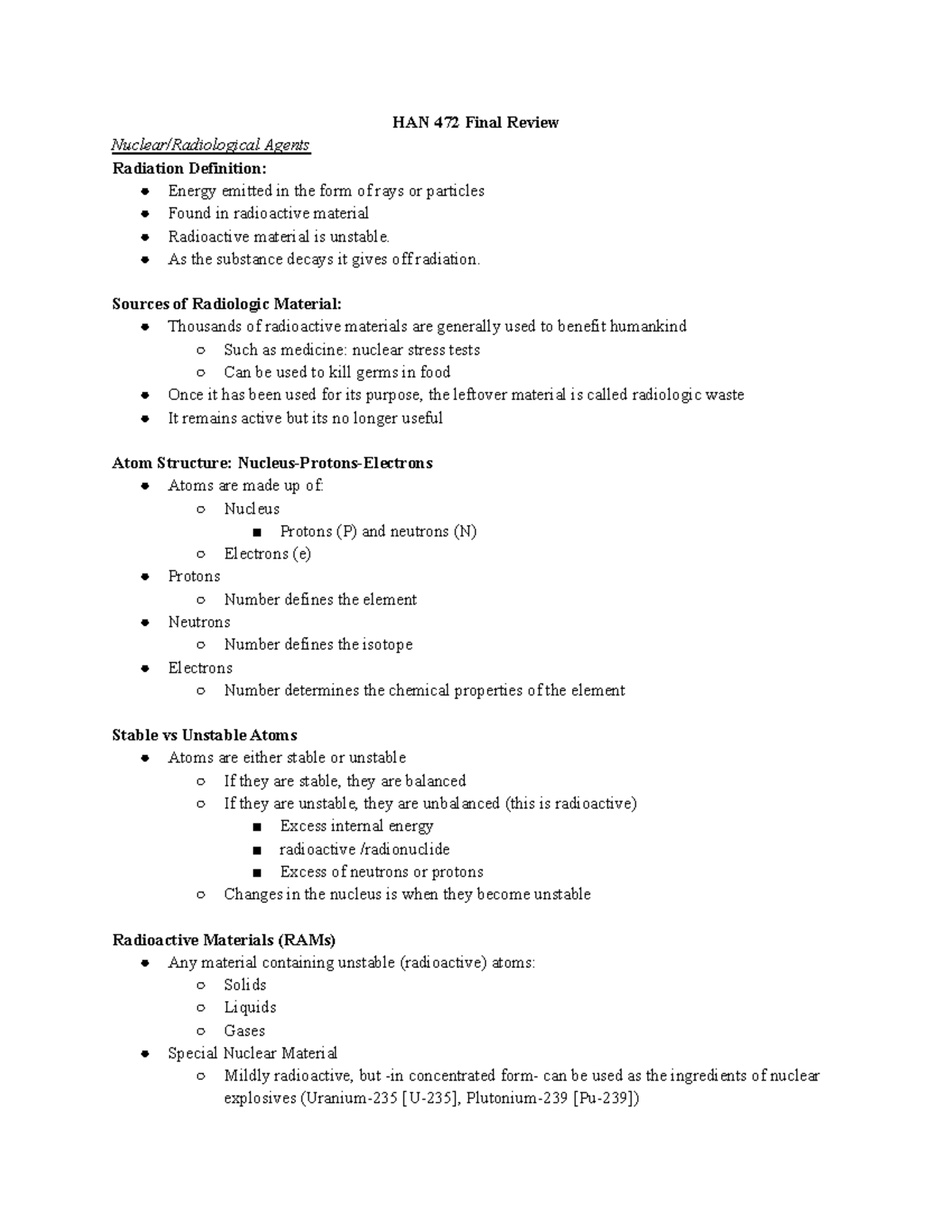 Final Review- HAN 472 - HAN 472 Final Review Nuclear/Radiological ...