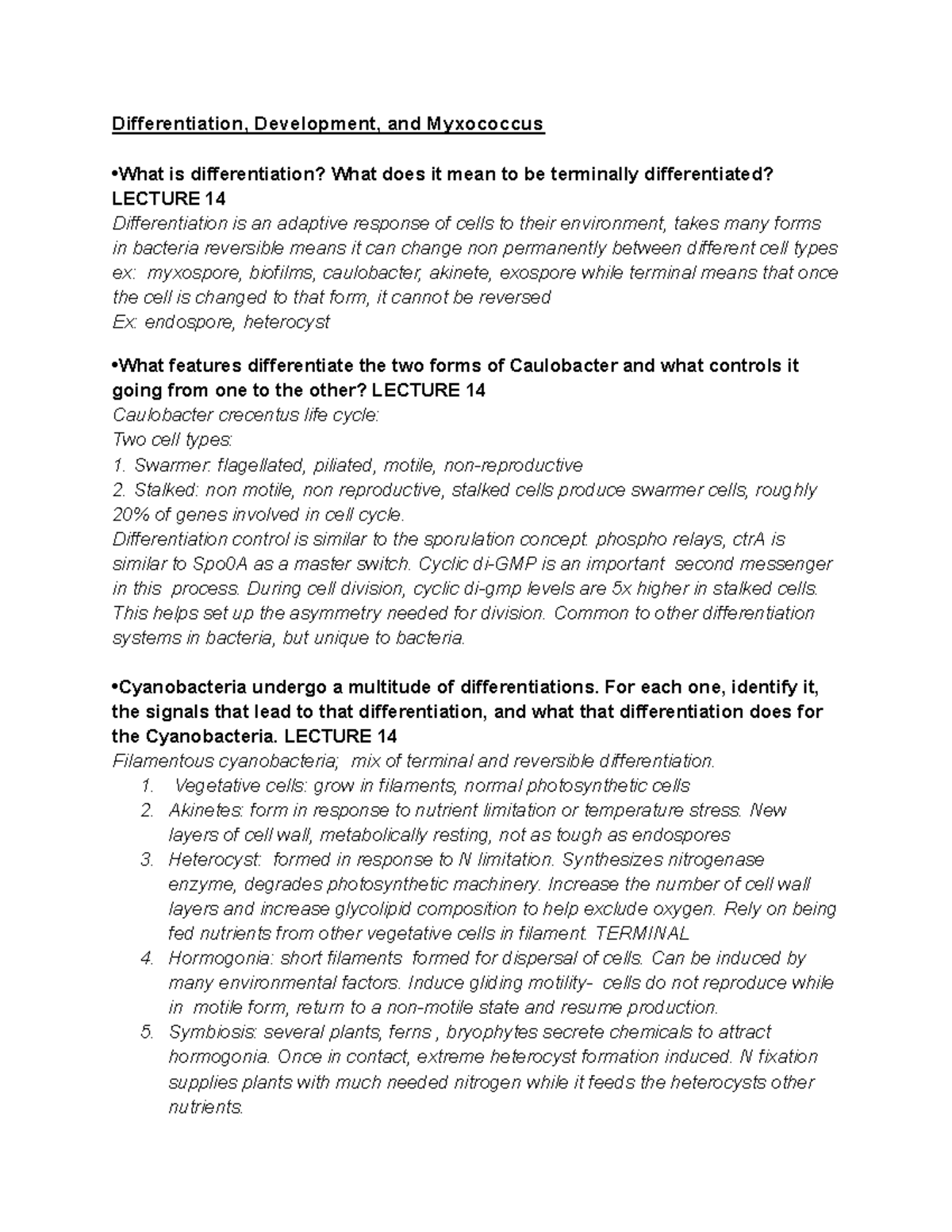 MIC102 MT3 Study Guide Differentiation, Development, and Myxococcus •What is differentiation