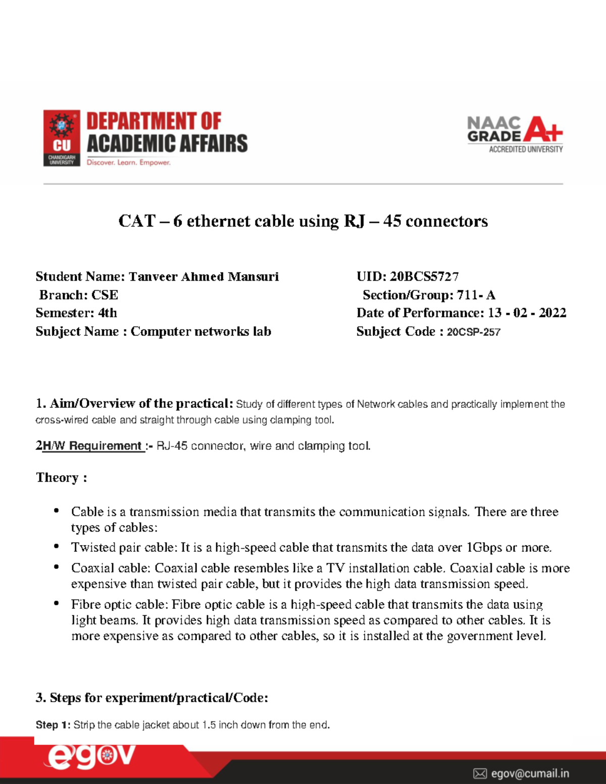 Worksheet 1 CN - CAT – 6 ethernet cable using RJ – 45 connectors ...