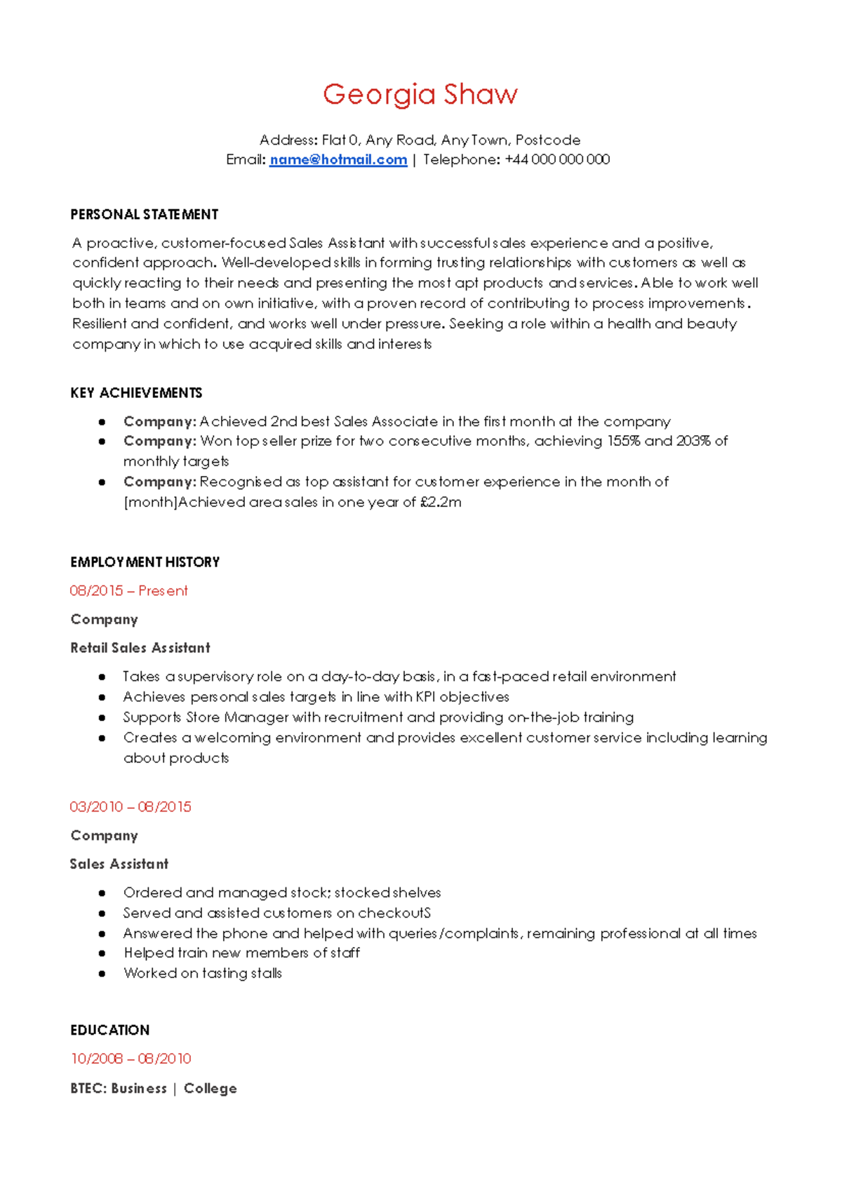 Monster cv template sales assistant - Georgia Shaw Address: Flat 0, Any ...