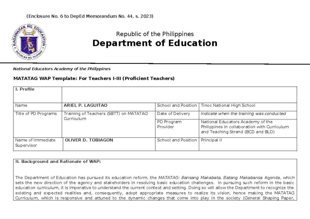 Sample Matatag WAP For Teachers - (Enclosure No. 6 to DepEd Memorandum ...