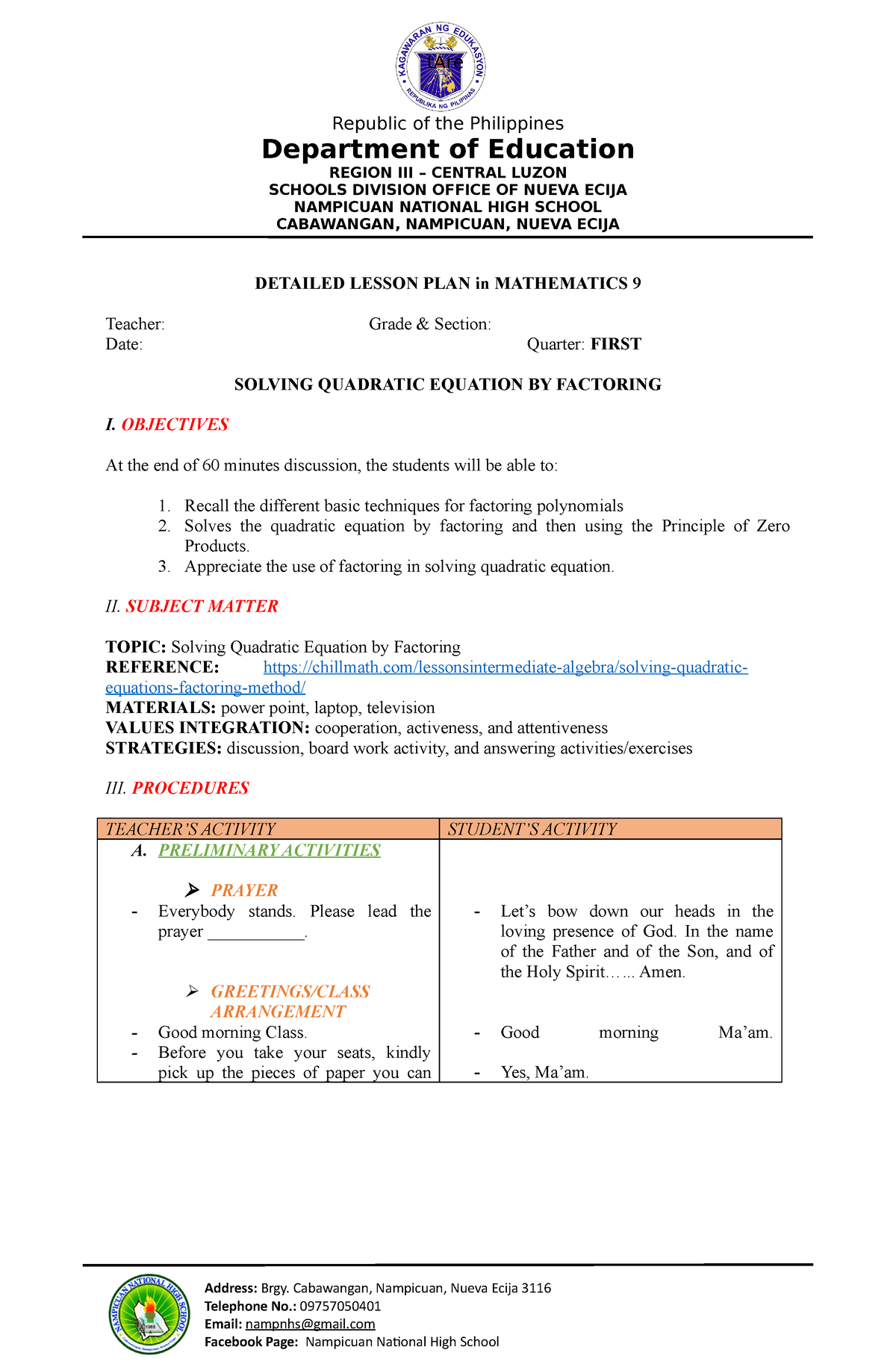 Detailed Lesson PLAN In Grade 9 Mathematics - Republic Of The ...