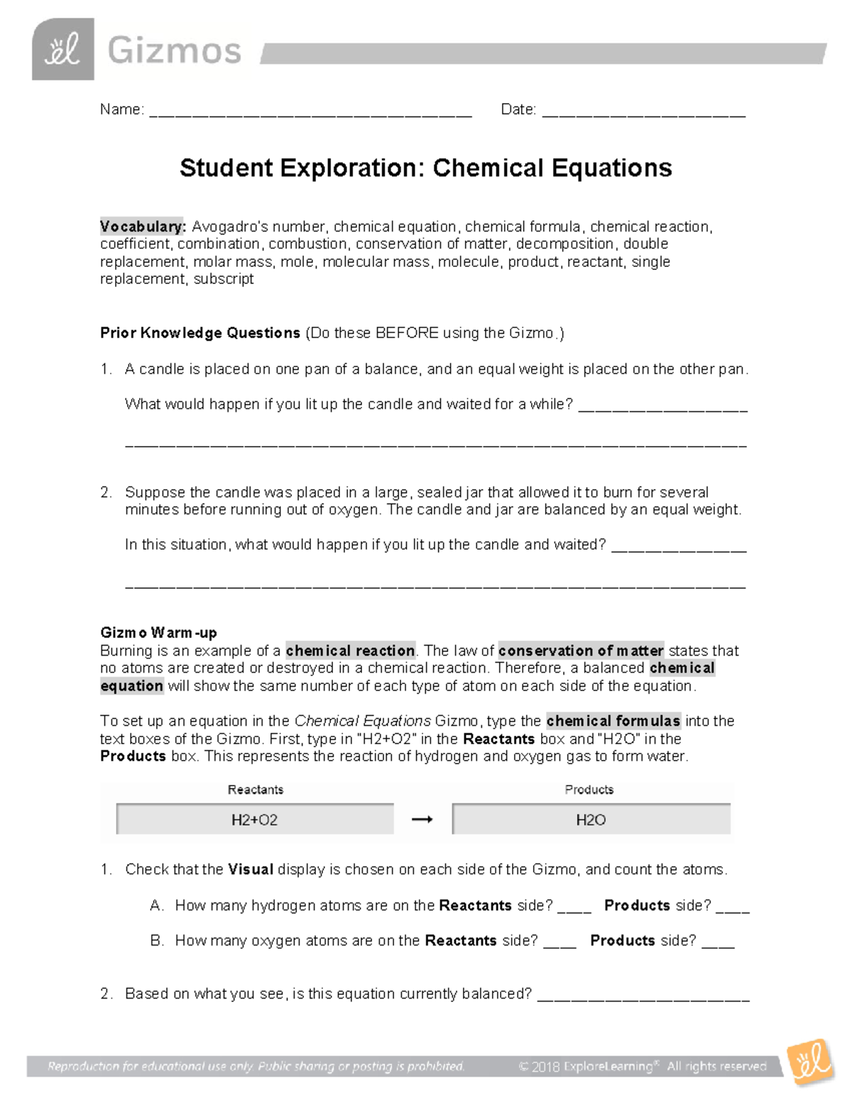 Chemical Equations Virtual Lab - Student Sheet - Name