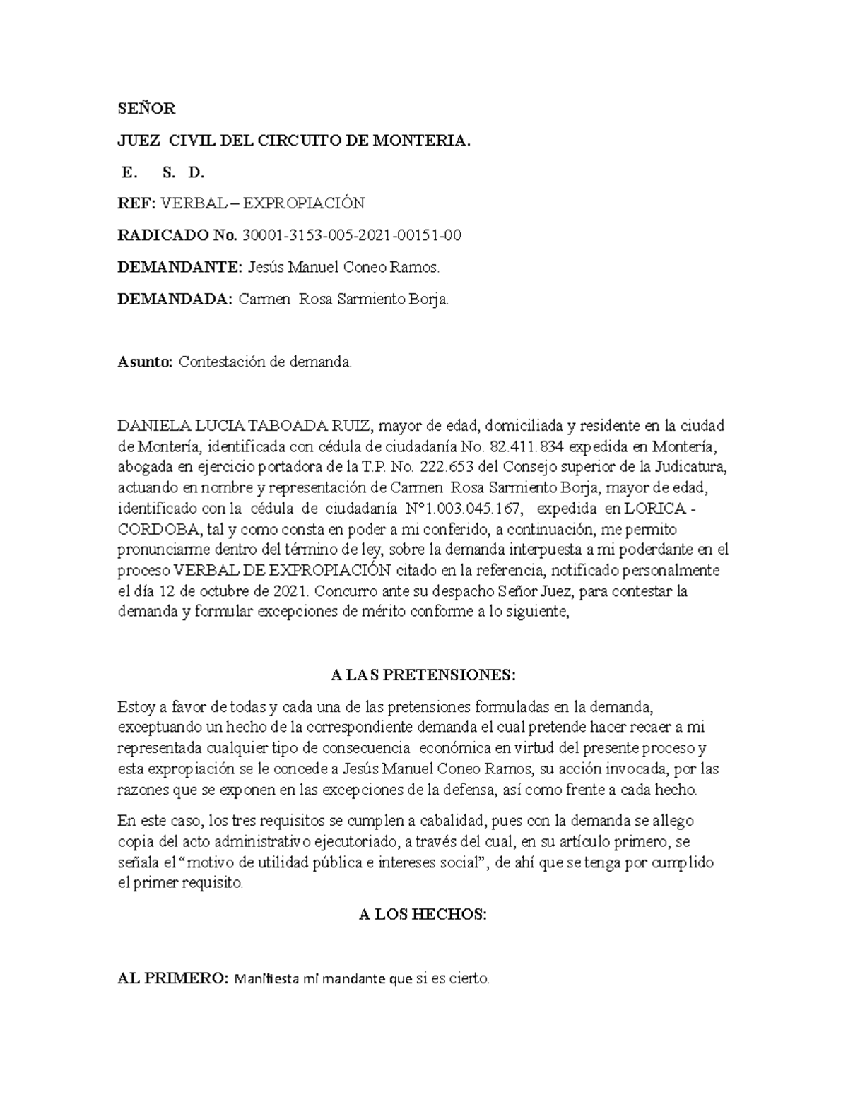 Contestacion DE LA Demanda - SEÑOR JUEZ CIVIL DEL CIRCUITO DE MONTERIA ...