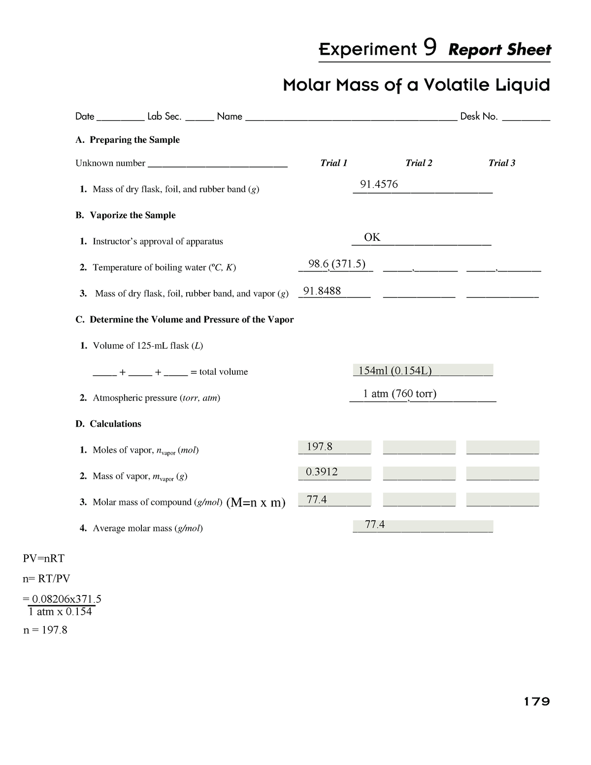 Exp Lab Solution Chemistry Experiment Report Sheet Molar Mass