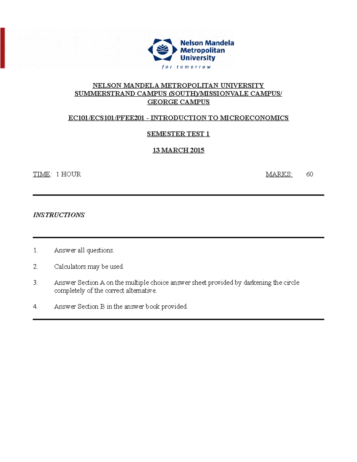 Test 1 September 2015 Questions NELSON MANDELA METROPOLITAN