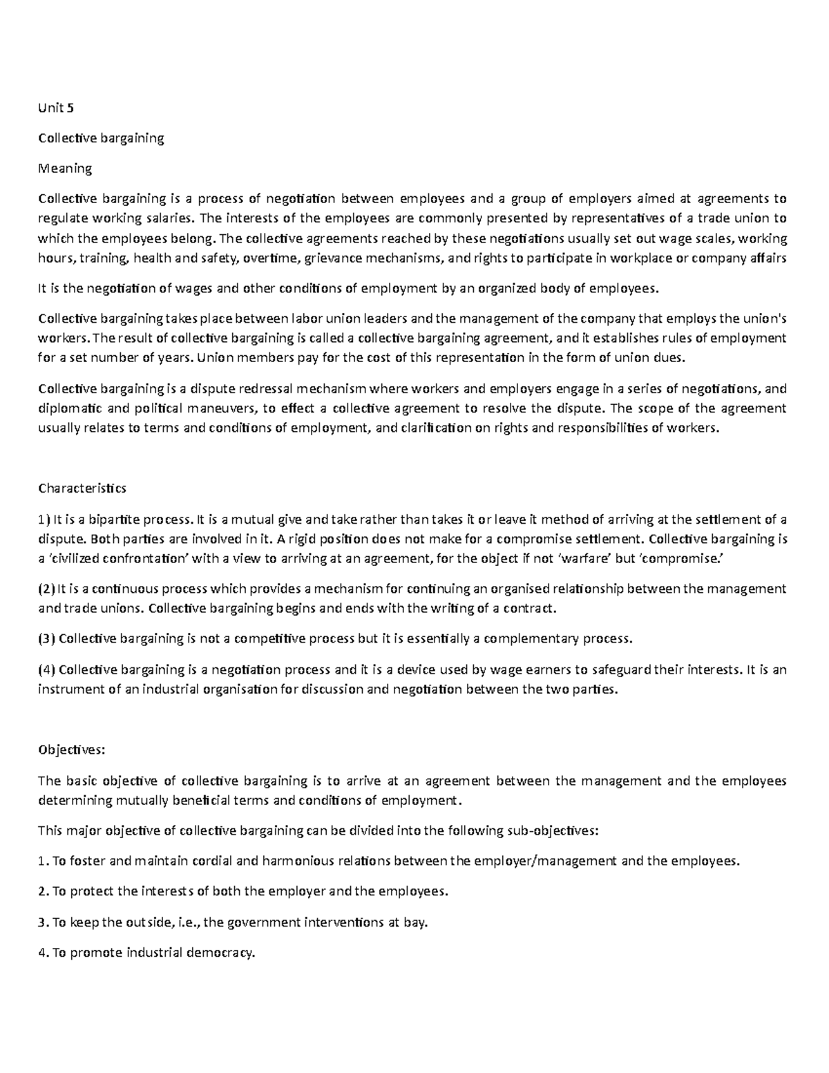 Unit 5 class notes Unit 5 Collec琀椀ve bargaining Meaning Collec琀椀ve