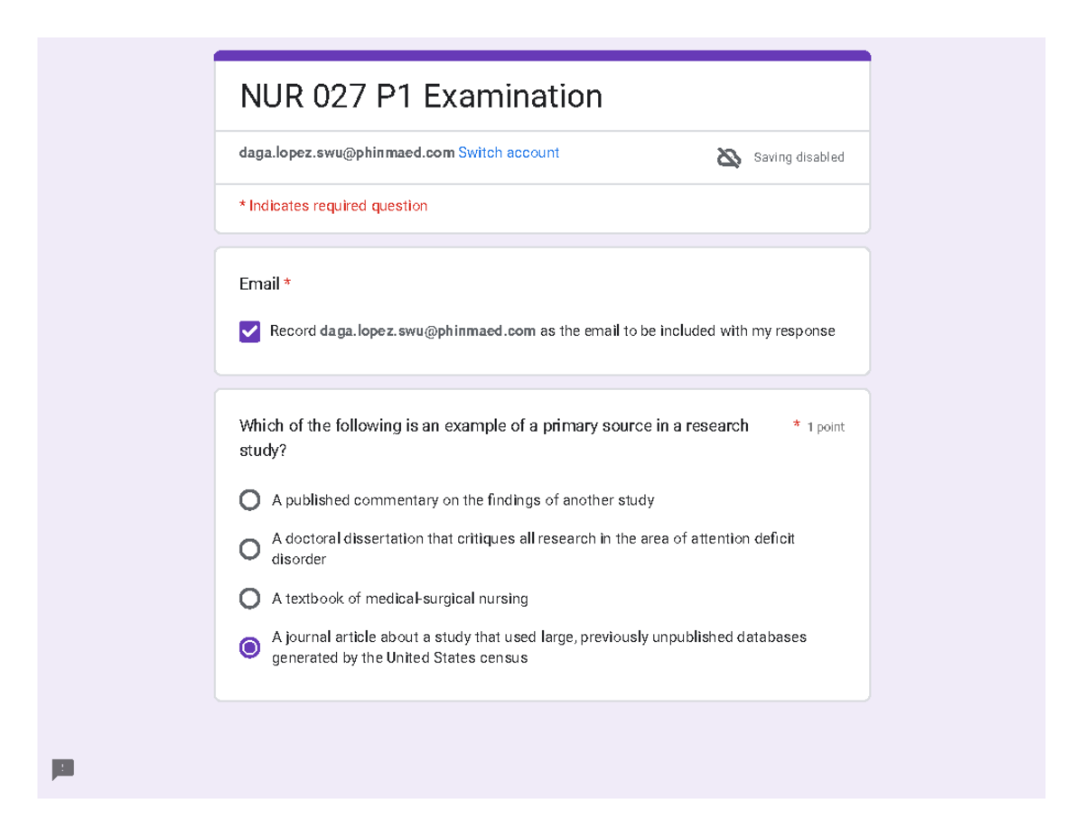 NUR 027 P1 Examination - nursing lectures to help - Email * Record daga ...