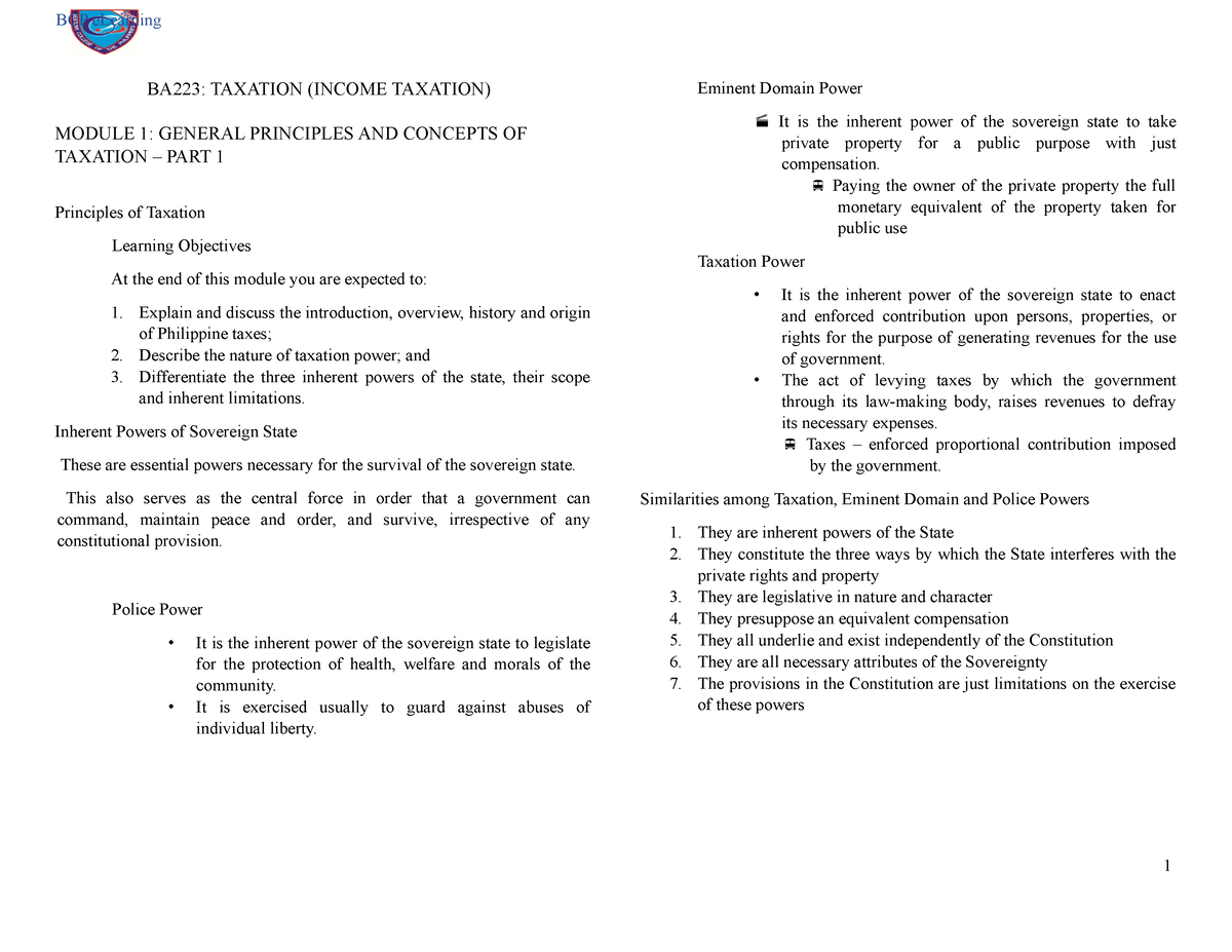 Module 1 Taxation Wowowowo Ba223 Taxation Income Taxation Module 1 General Principles