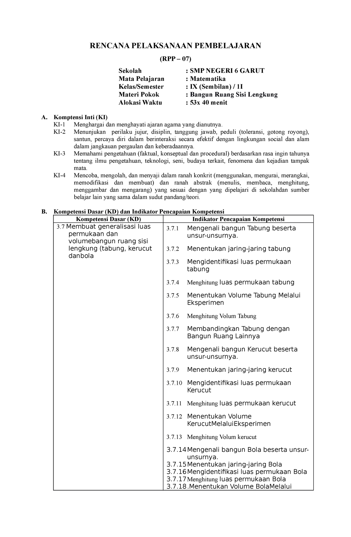 Perangkat Ajar RPP Bangun Ruang Sisi Lengkung SMP Matematika - RENCANA ...