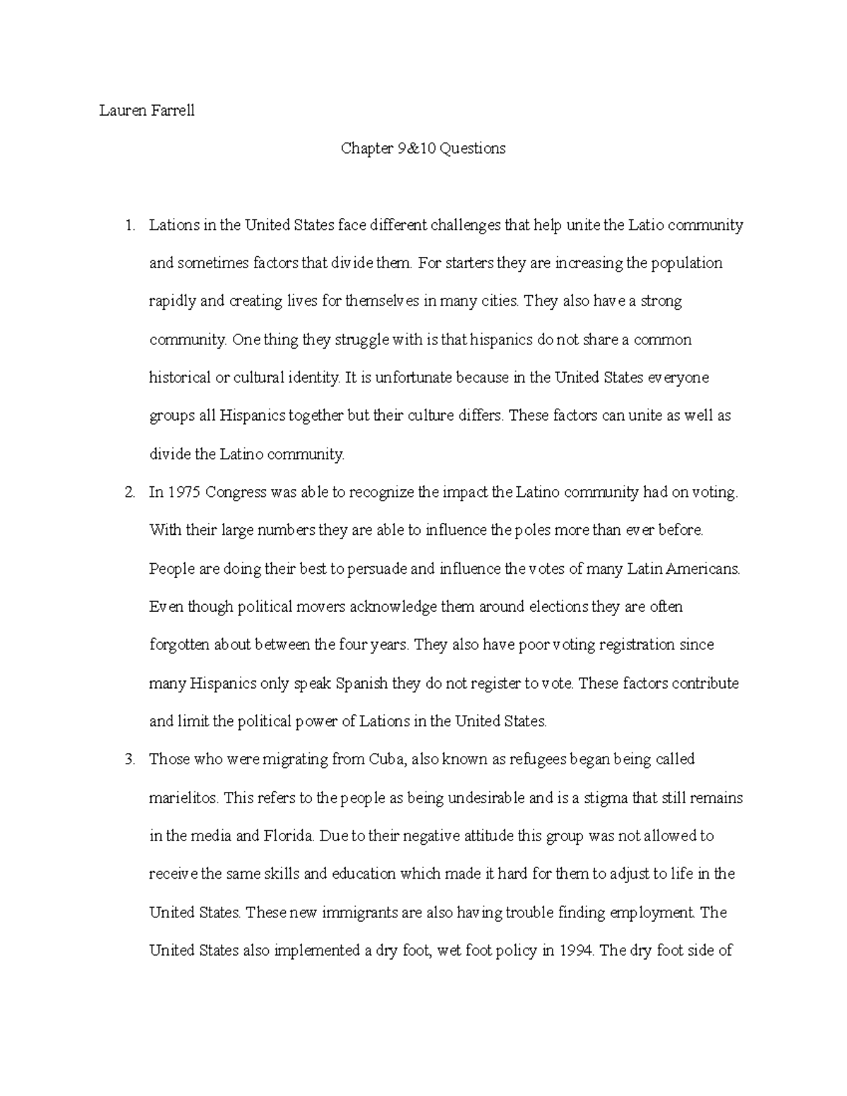 Chapter 9& 10 - These are the answers for the reading questions that ...