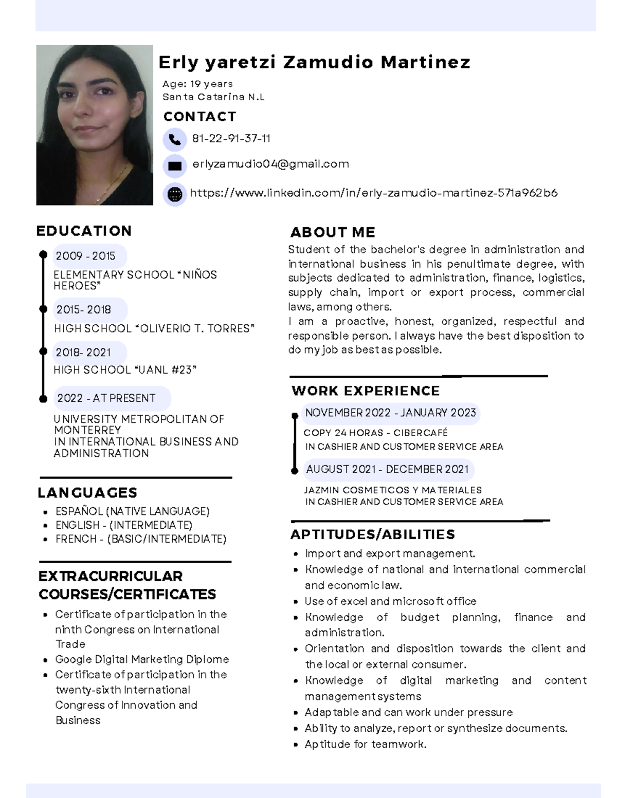 18A - ERLY Zamudio - CV ( Logistics Intern) - Student of the bachelor's ...