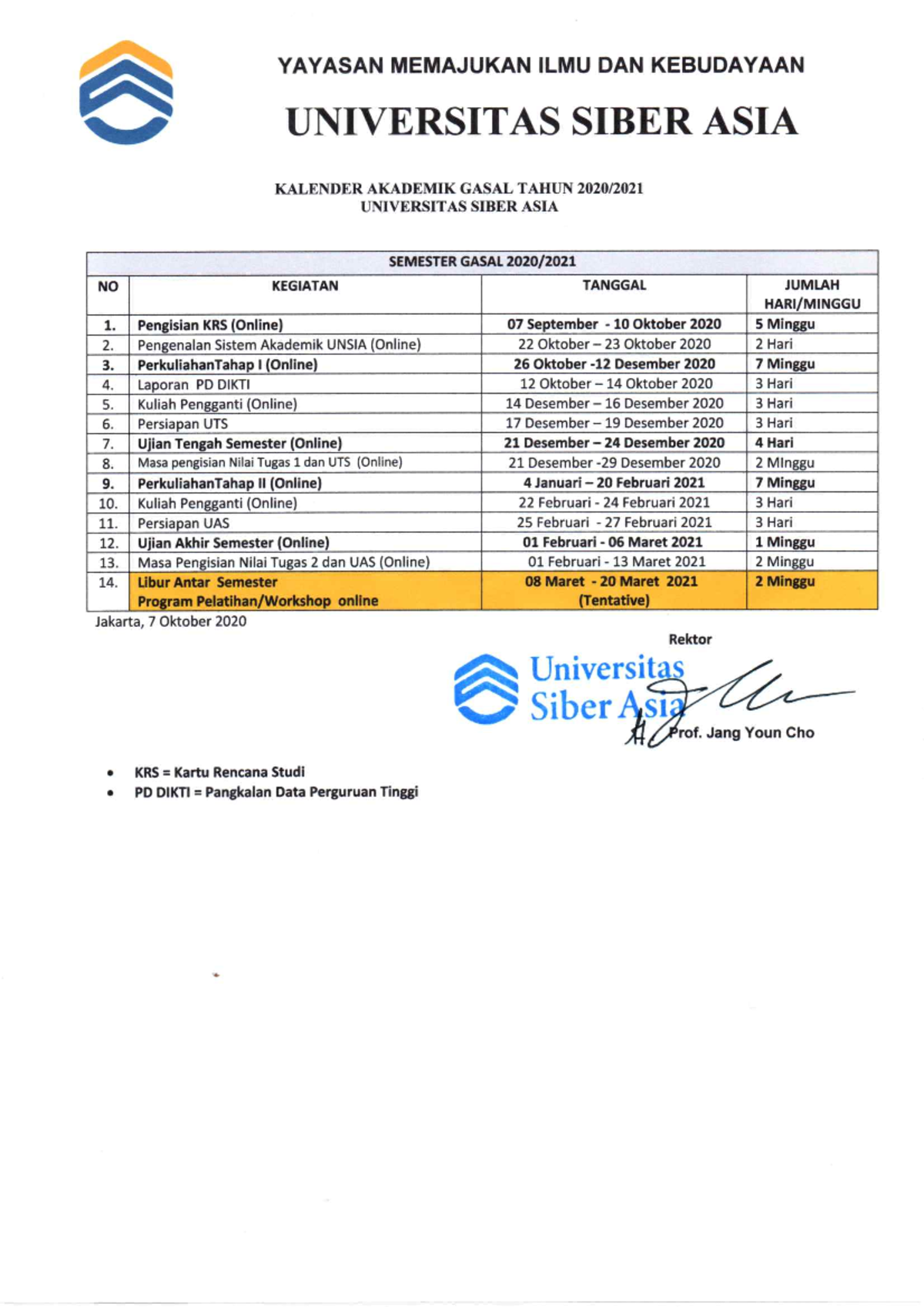 Kalendar Akademik Semester Gasal 2020 2021 Operasi Studocu