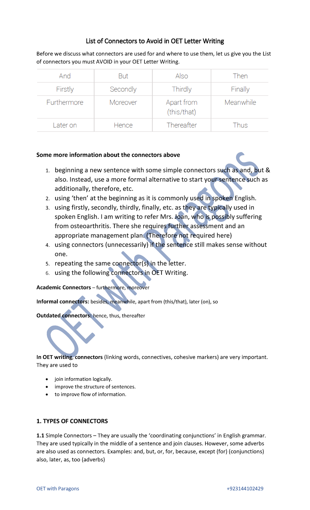 Connectors Guide OET with Paragons + List of Connectors to Avoid in