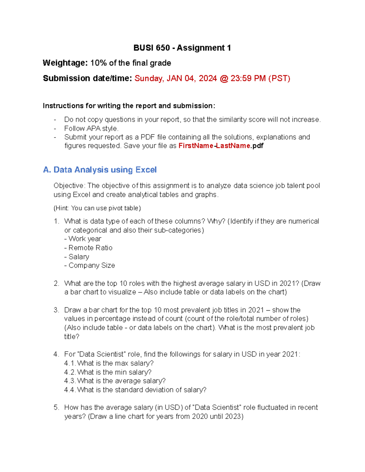 Assignment 1- Individual Descriptive Report - BUSI 650 - Assignment 1 ...