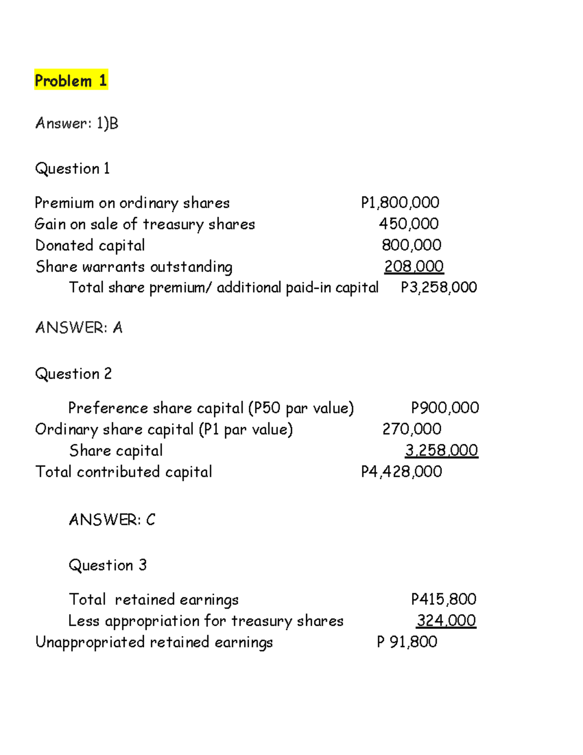 Answer Key Quiz 2 Equity - Answer: 1)B Premium On Ordinary Shares P1 ...