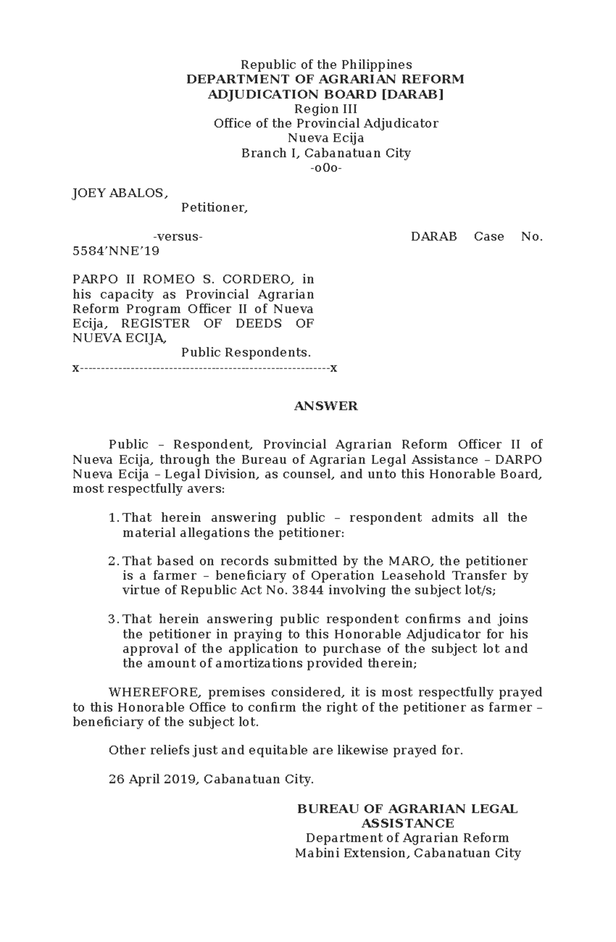 Answer draft - legal - Republic of the Philippines DEPARTMENT OF ...