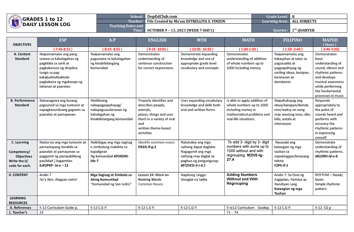 DLL ALL Subjects 2 Q1 W7 D1 - GRADES 1 To 12 DAILY LESSON LOG School ...