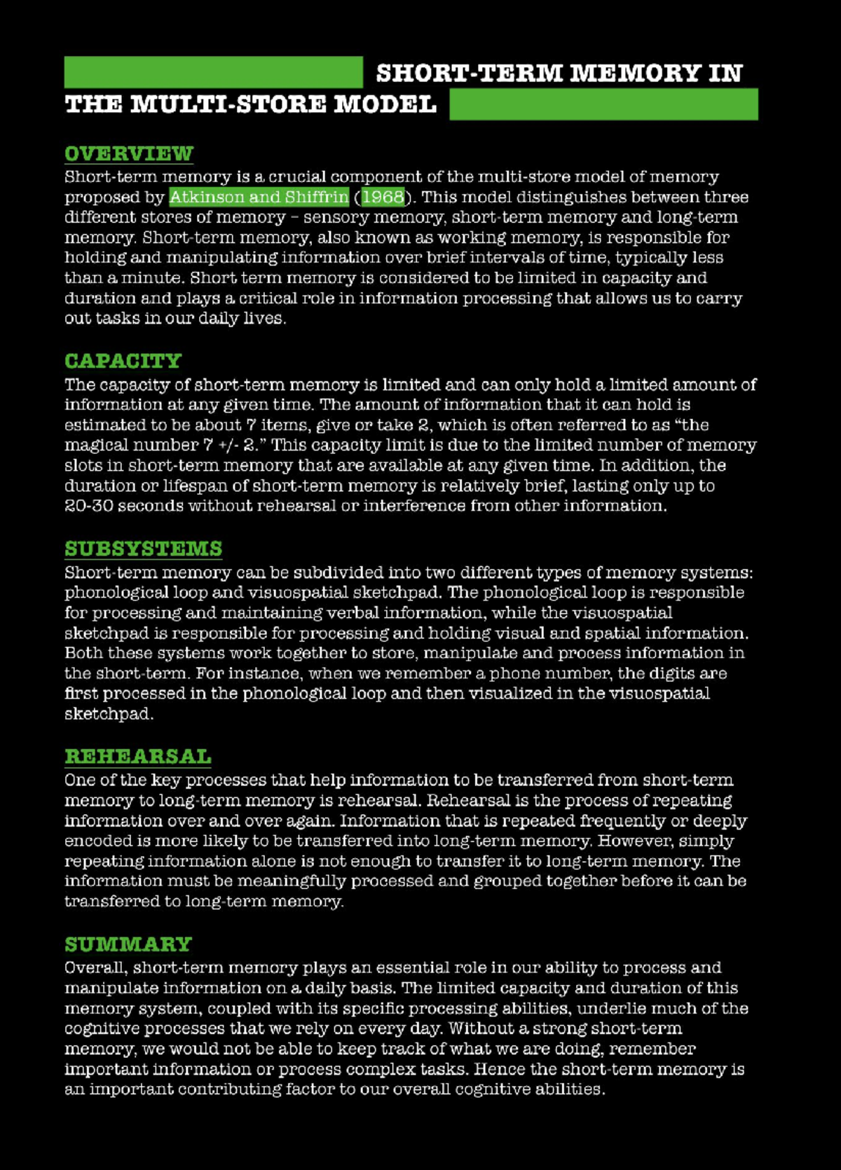 Summary: Short-Term Memory in the Multi-Store Model - 8638 - Studocu