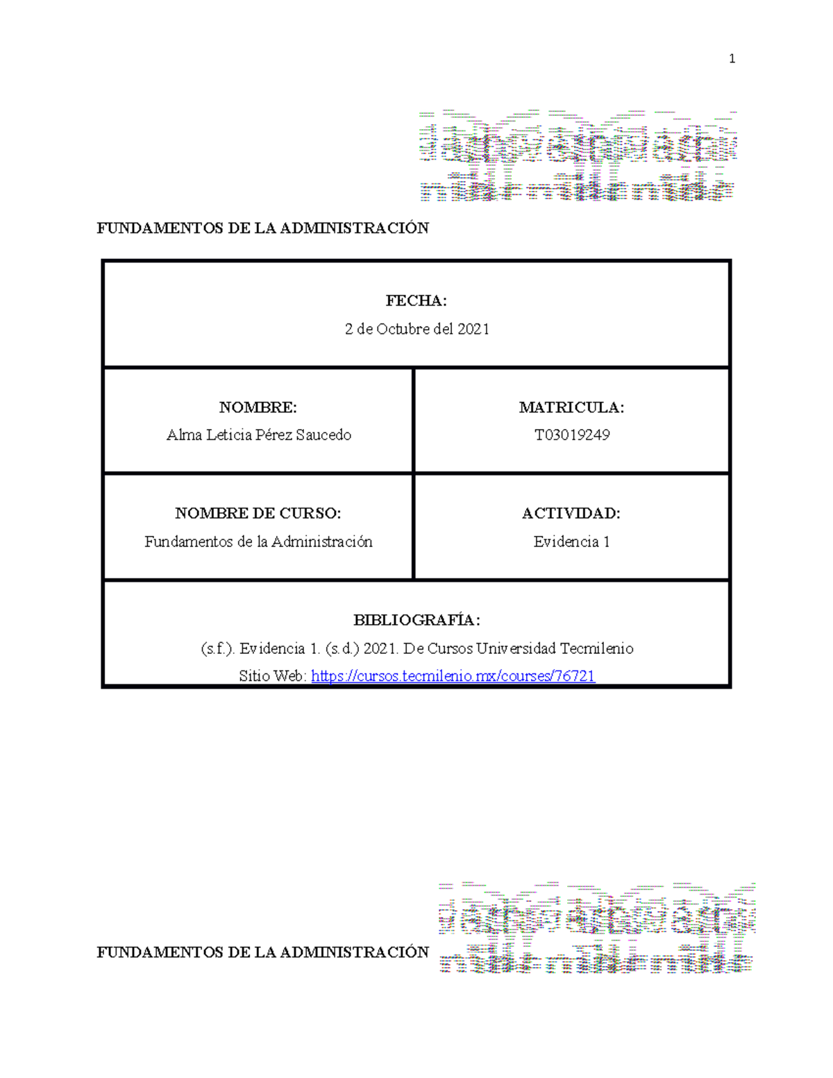 Evidencia 1. FUND. Admin - FUNDAMENTOS DE LA ADMINISTRACIÓN FECHA: 2 de ...