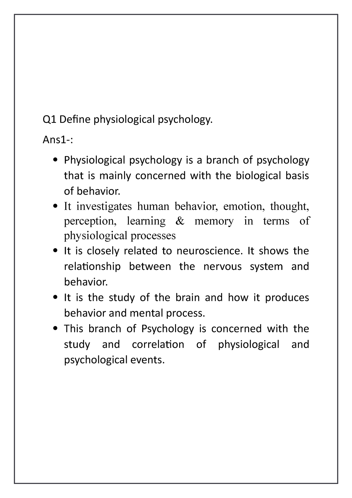 Physiological Basis Of Psychology - Q1 Define Physiological Psychology ...