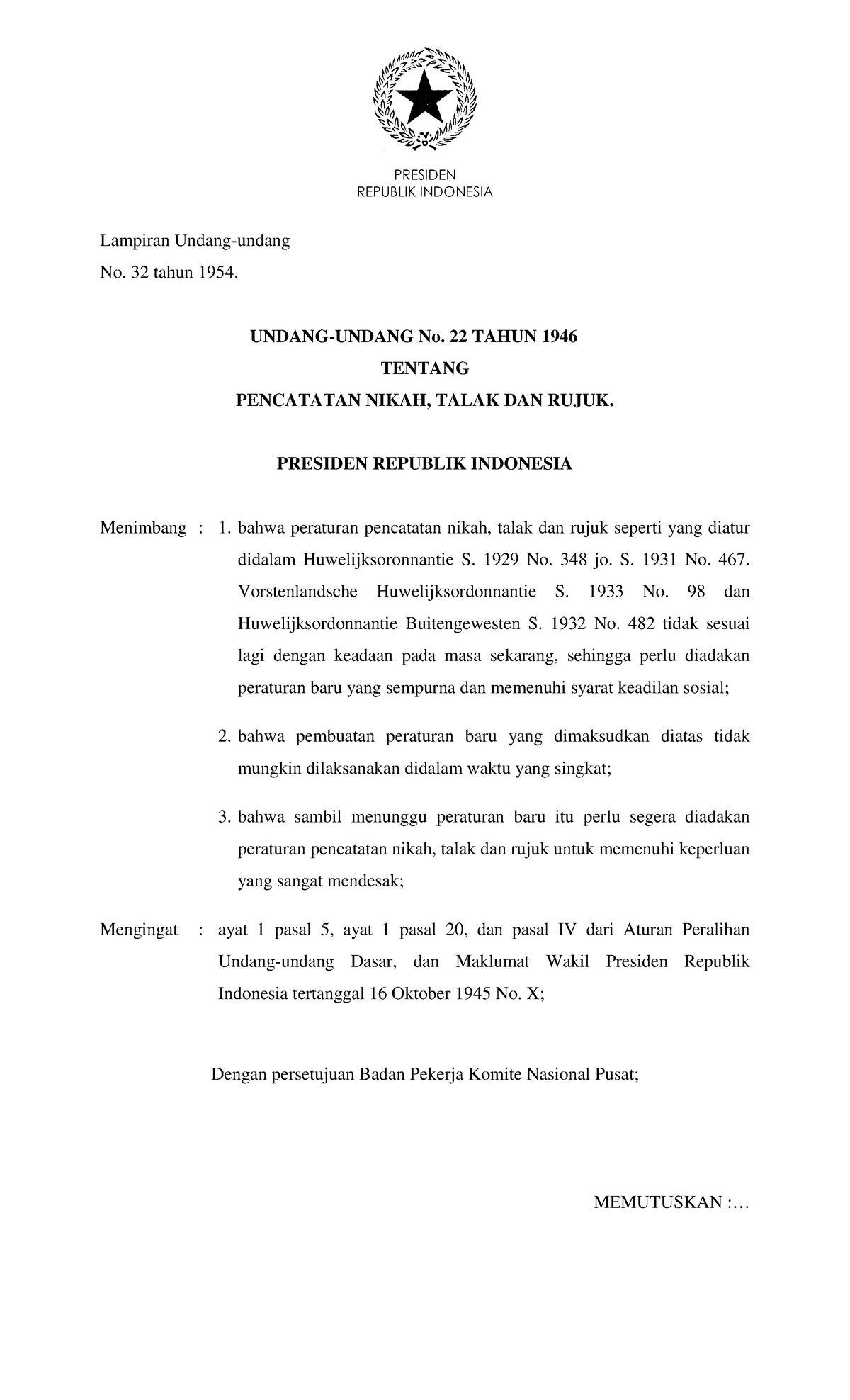 UU Nomor 32 Tahun 1954 Lampiran - REPUBLIK INDONESIA Lampiran Undang ...