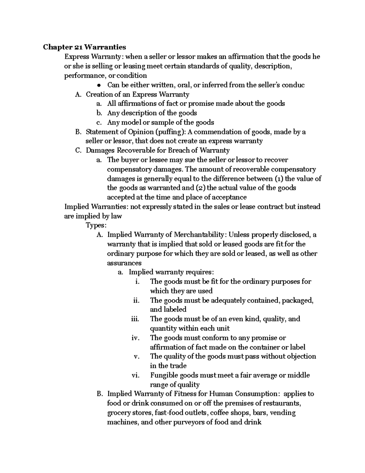 Business Law Unit 4 Chapter 21 Summary Chapter 21 Warranties Express