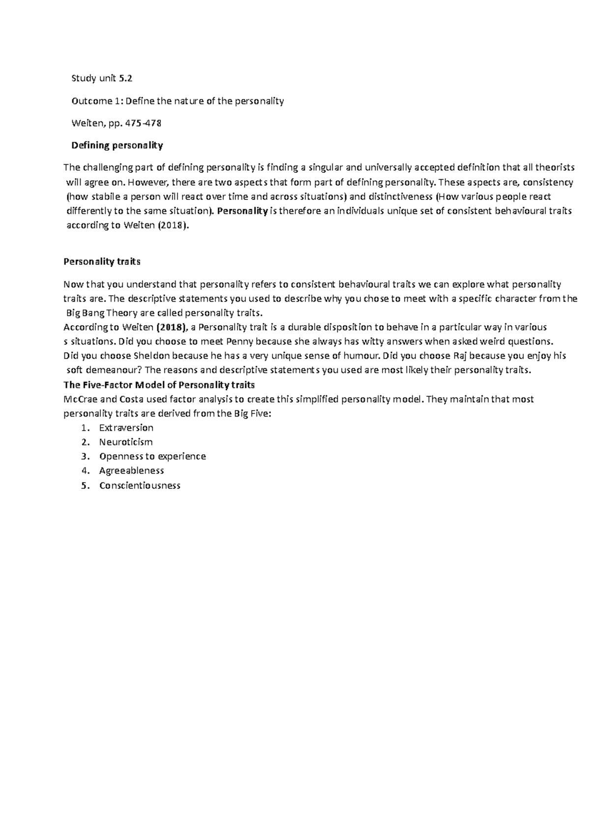 Study unit 5 - Outcome 1: Define the nature of the personality Outcome ...