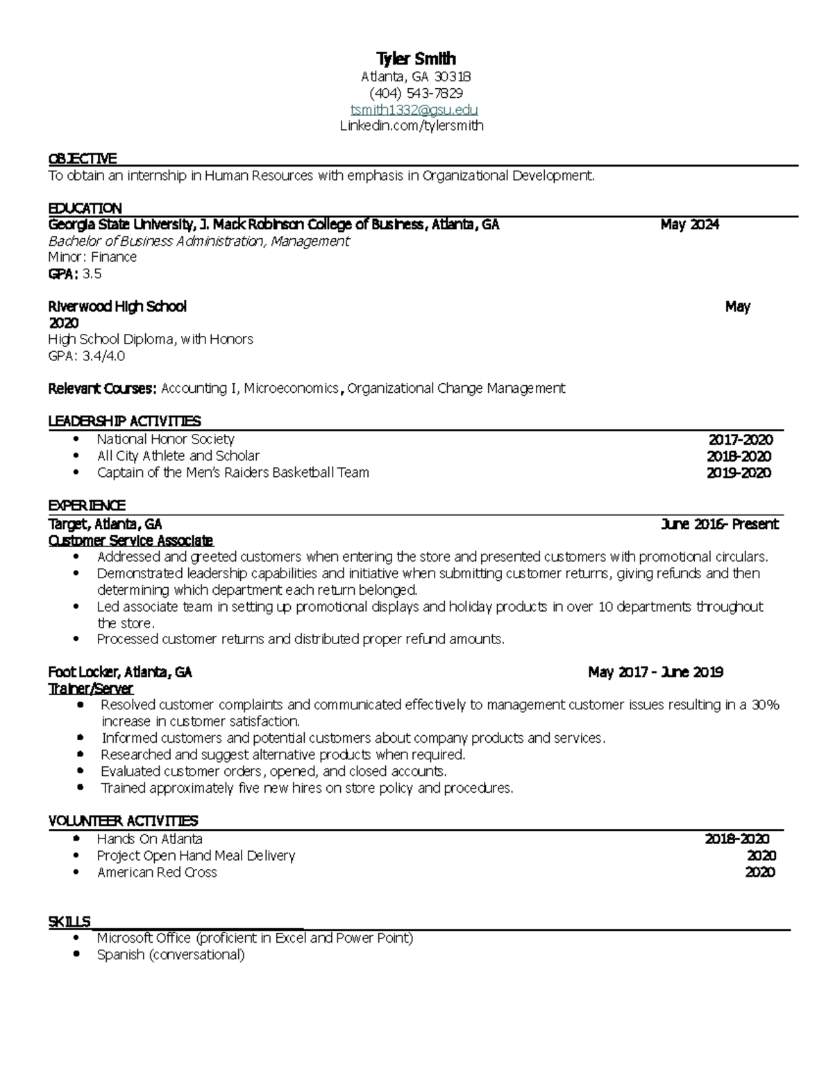 Freshman Resume Sample from CAC - Tyler Smith Atlanta, GA 30318 (404 ...