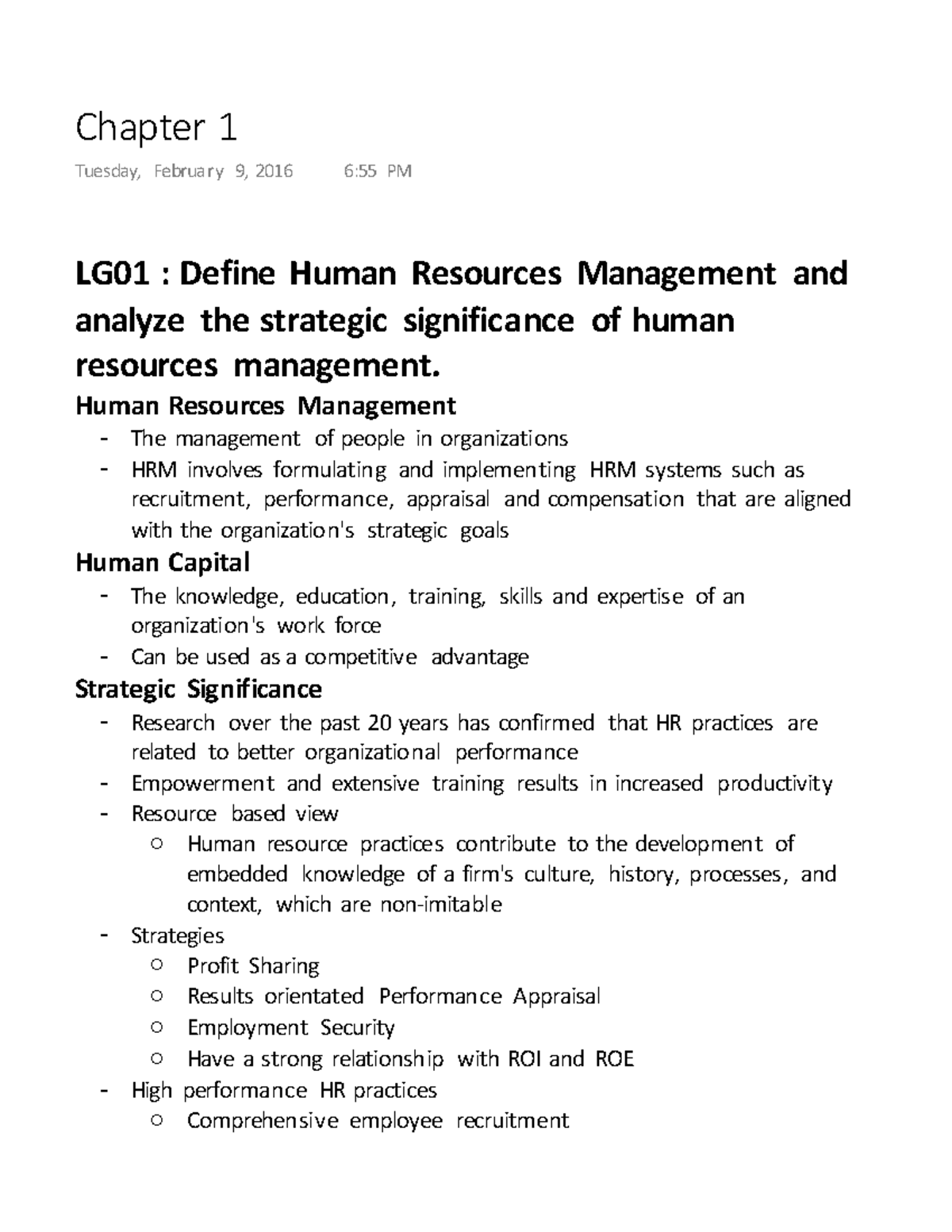 Chapter 1 - HRM CH 1 - Chapter 1 Tuesday, February 9, 2016 6:55 PM LG01 ...