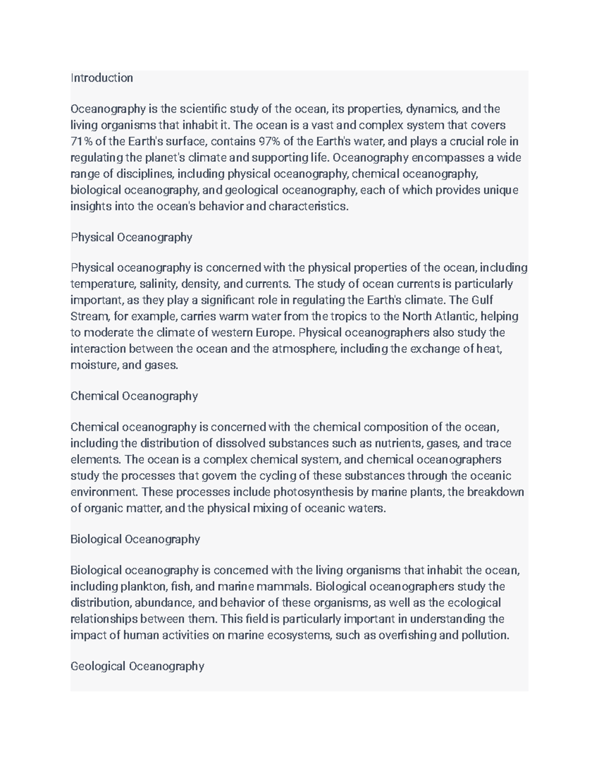 Chemical Oceanography: The study of the chemical composition and ...