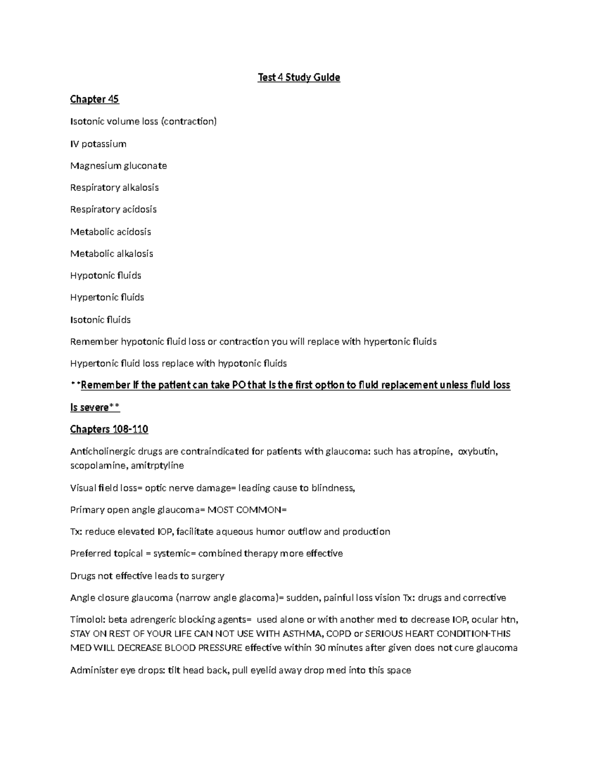 Test 4 Study - Naaaaaa - Test 4 Study Guide Chapter 45 Isotonic volume ...