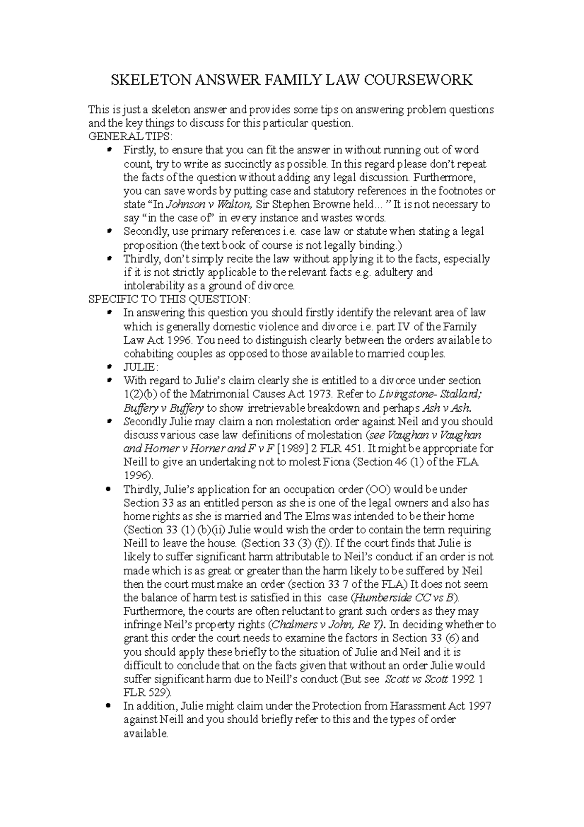 Skeleton Answer Family LAW SKELETON ANSWER FAMILY LAW COURSEWORK This