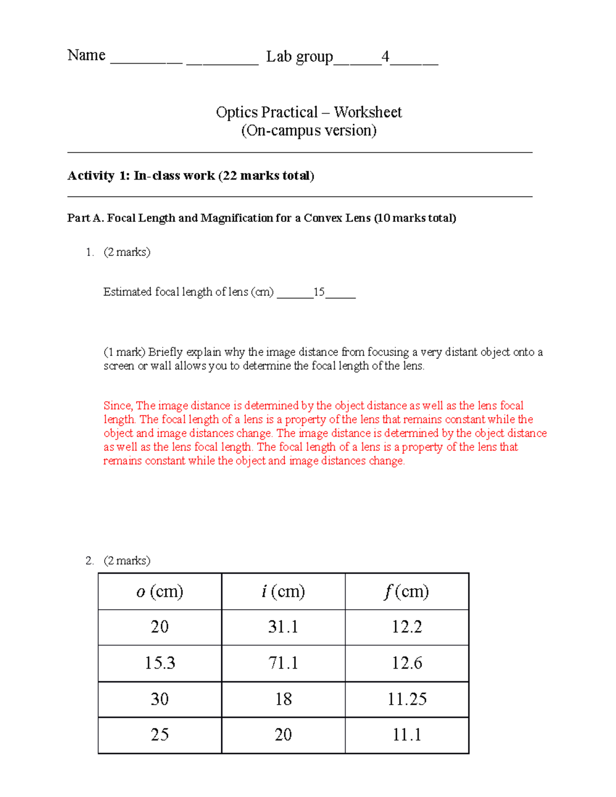 BMS1031 2022 Optics Lab (on-campus lab) worksheet - FOR Students - Name